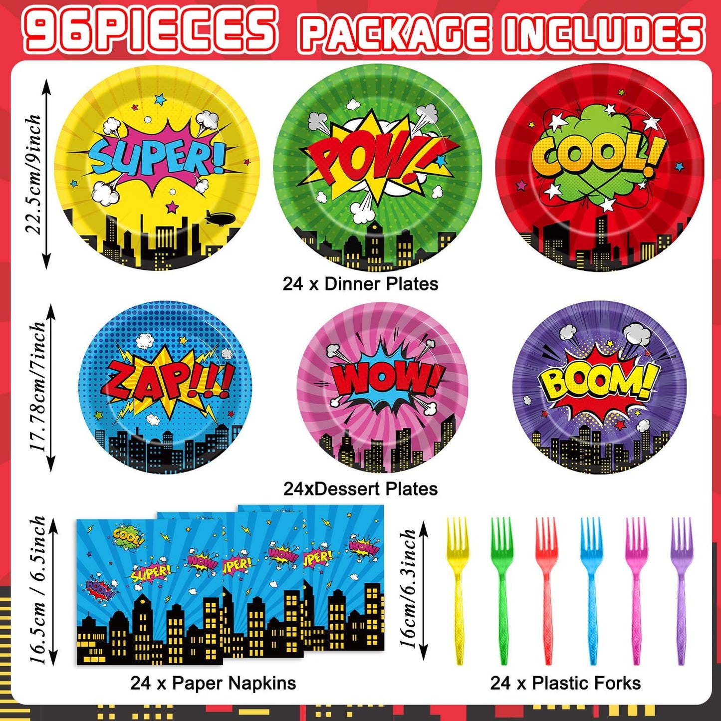 96Pcs Super Theme Hero Party Plates and Napkins Forks for Comic Heroes Birthday Decorations Hero's