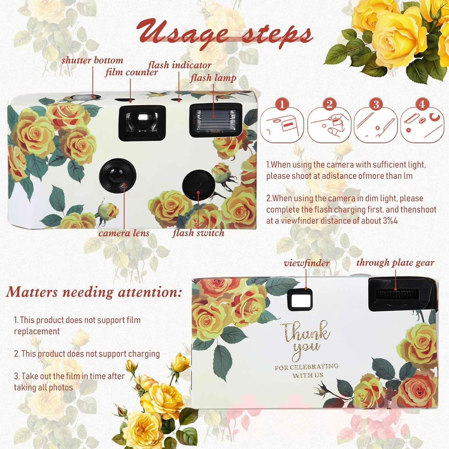 Kanayu 10 Pack Disposable Camera for Wedding Floral 35mm Single Use Film Camera with Flash One Time Use Camera for Anniversary Concert Travel Camp Party Supply Gift Honeymoon (Yellow Rose)