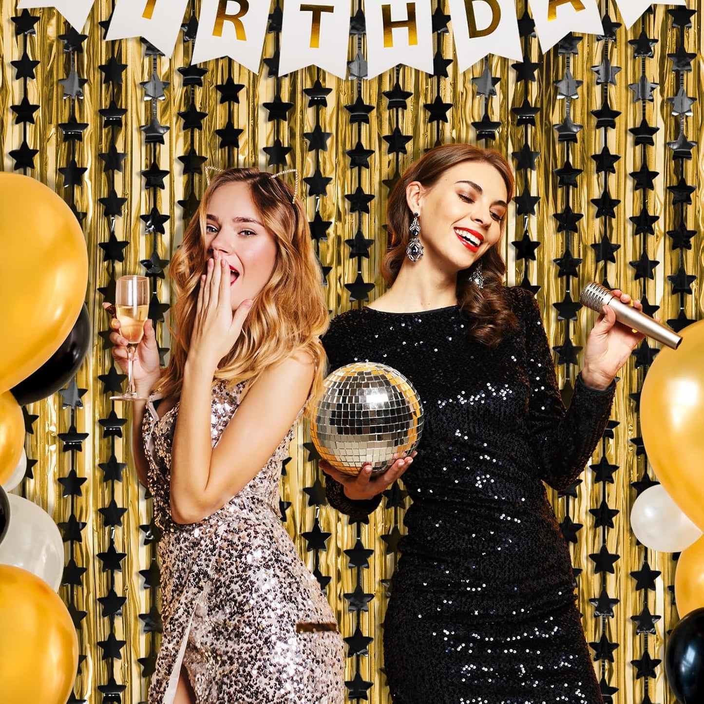 LOLStar Black Stars Happy to my 20s Birthday Decorations for Men Boy 2Pack 3.3X6.6ft Each Black Backdrop Star Foil Fringe Curtains for Graduation Decorations Class of 2025 New Years Eve Party Supplies