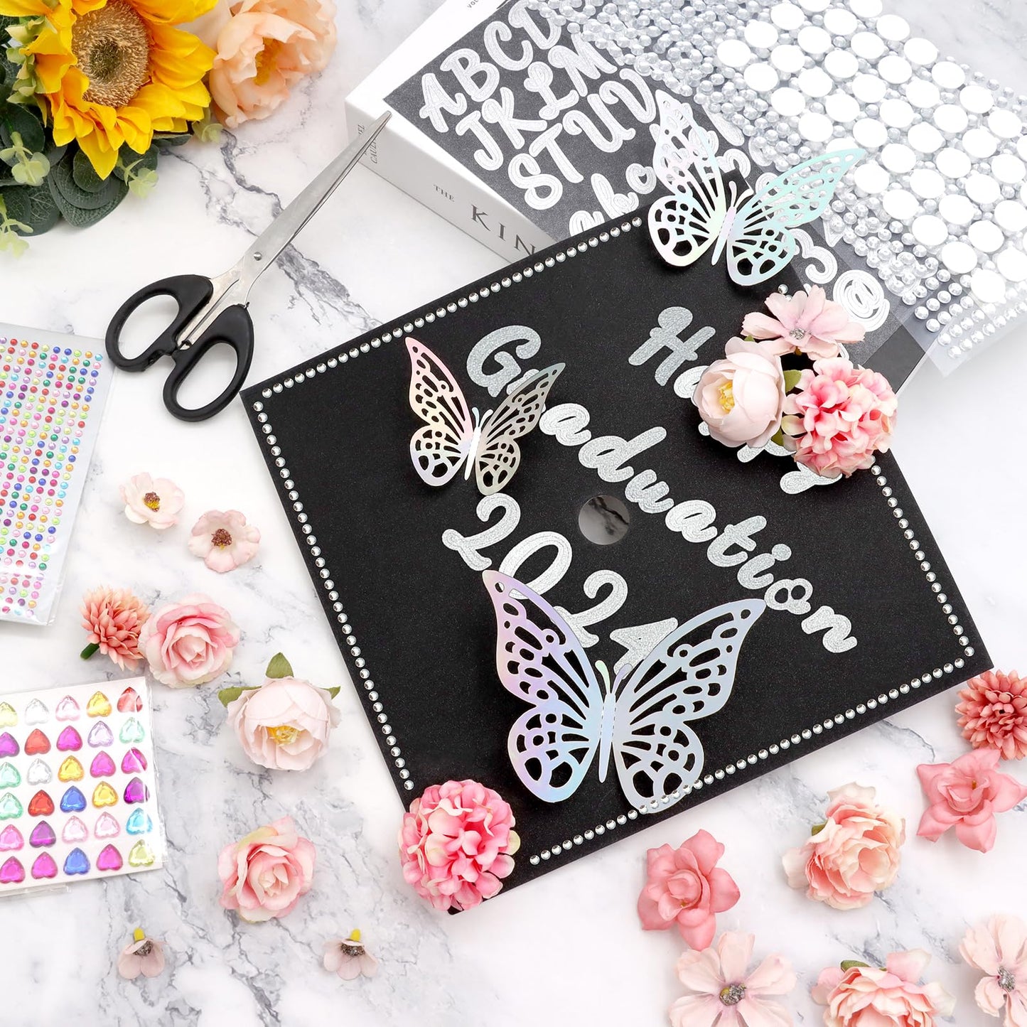 ZYNERY Graduation Cap Decorations Kit, Grad Cap Decorations Includes Glitter Paper 3D Butterfly