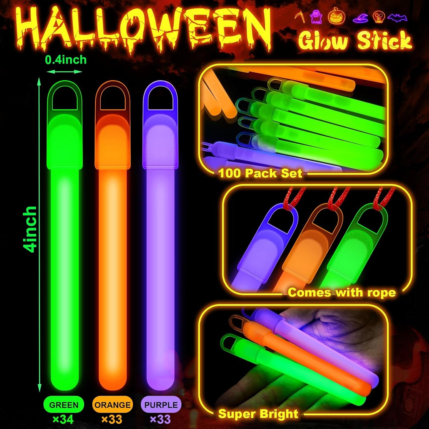 Lewtemi 4" or 6" 100 Pack Bright Glow Sticks Bulk, Glow in The Dark Party Supplies Birthday and Holidays Party Favors