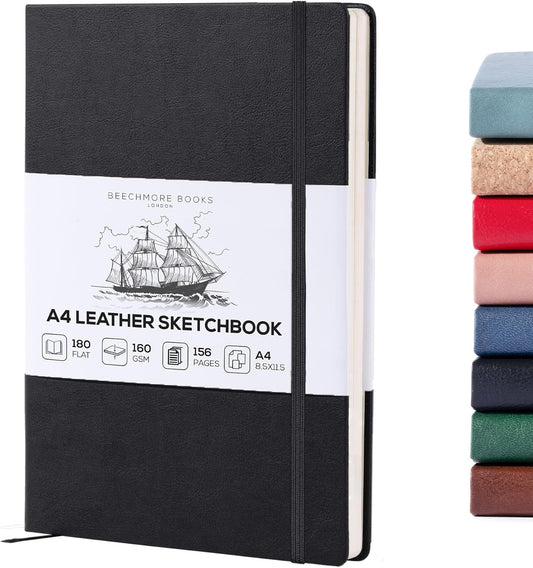 Beechmore Books A4 Sketchbook ??8.5x11 Premium Vegan Leather Bound Large Sketch Book Hardcover with 156 Thick 160gsm Perforated Ivory Pages, Blank Sketch Pad, Gift Boxed, Back Pocket, Ribbon Bookmark