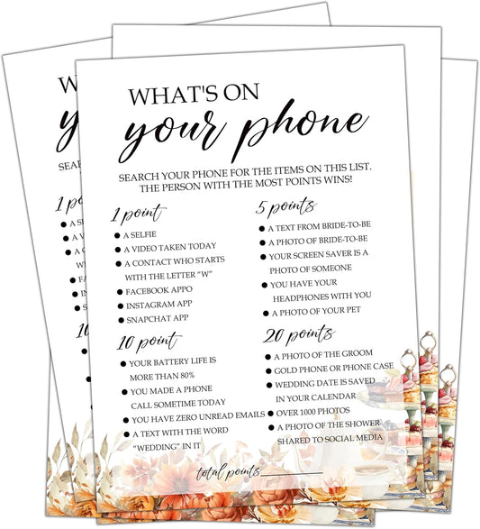 Fall Bridal Shower Games Cards, What's On Your Phone Wedding Bachelorette Party Games, Fall in Love Bridal Shower Decorations, 25 Cards, G10