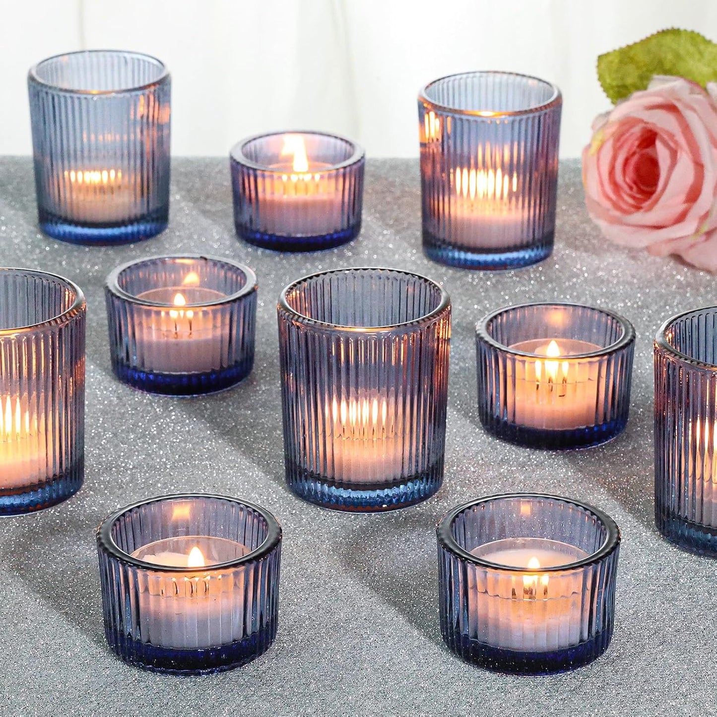24 Pcs Ribbed Votive Candle Holders, Dark Blue Glass Holders Bulk for Table Centerpiece, Tealight Holders Glass for Wedding Shower, Party and Home Decor