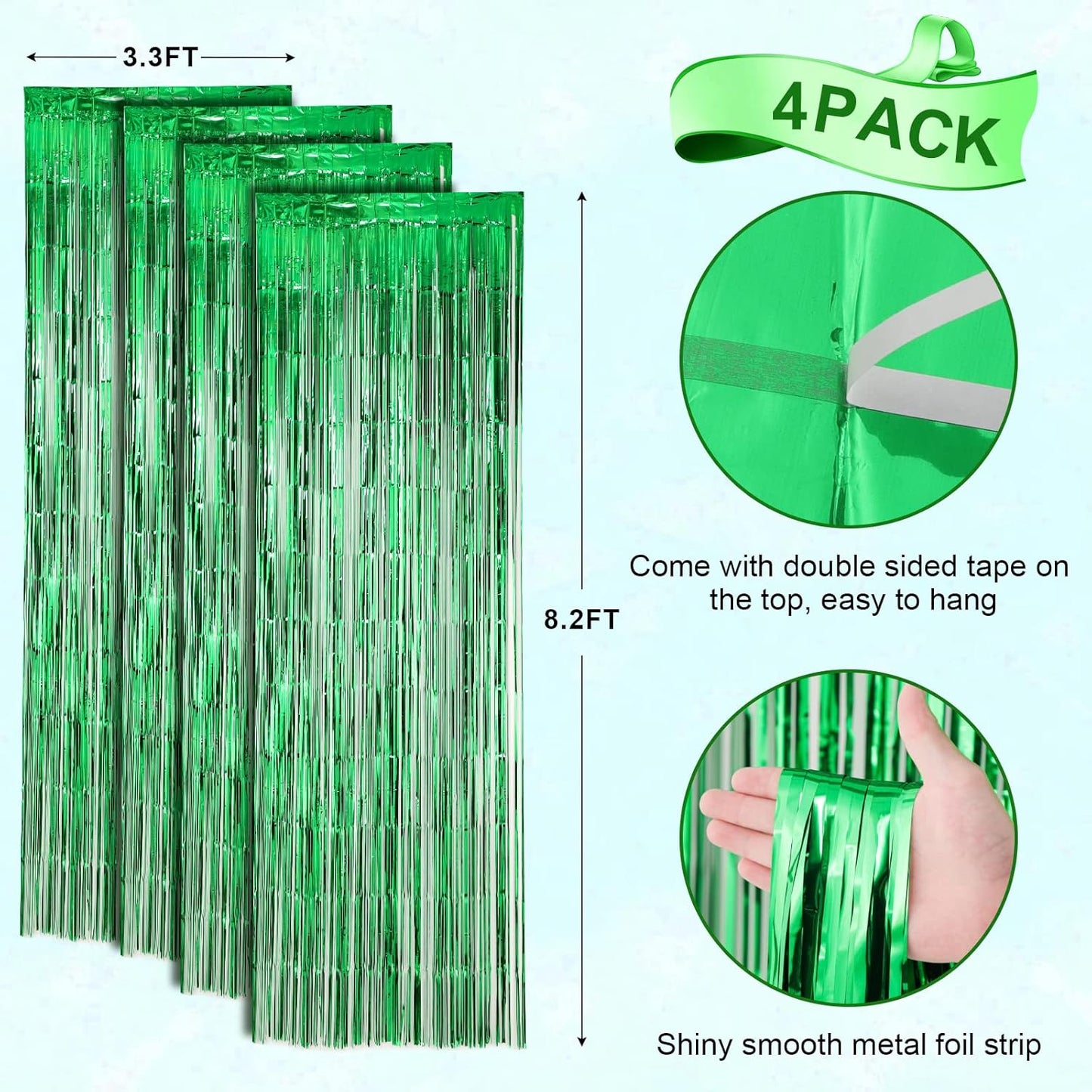 4 Pack Green Foil Fringe Backdrop Curtains, Tinsel Streamers Birthday Party Decorations, Fringe Backdrop for Graduation, Baby Shower, Gender Reveal, Disco Party