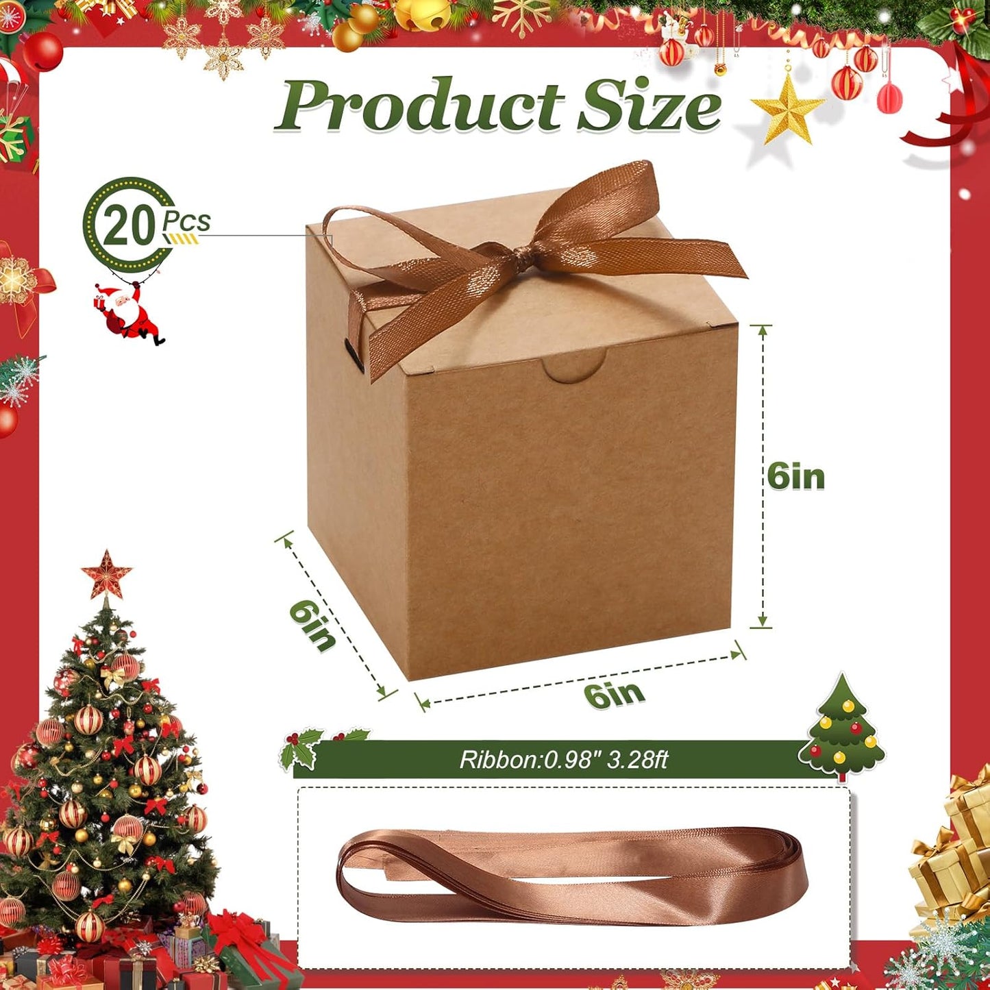 DOYIDE 20 Pack Small Gift Boxes, 6x6x6 Inch Brown Elegant Paper Boxes with Ribbons, Christmas Gift Box Crafting, Wedding Party Favor, Cupcake, Candy, Bridesmaids Proposal Box