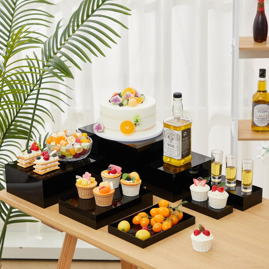 Leinuosen 7 Pcs Large Buffet Risers Set 6" to 12" Acrylic Display Box Catering Dessert Table Riser Food Display Decorative Stand with Hollow Bottom for Catering Supplies(Black, Rectangle)