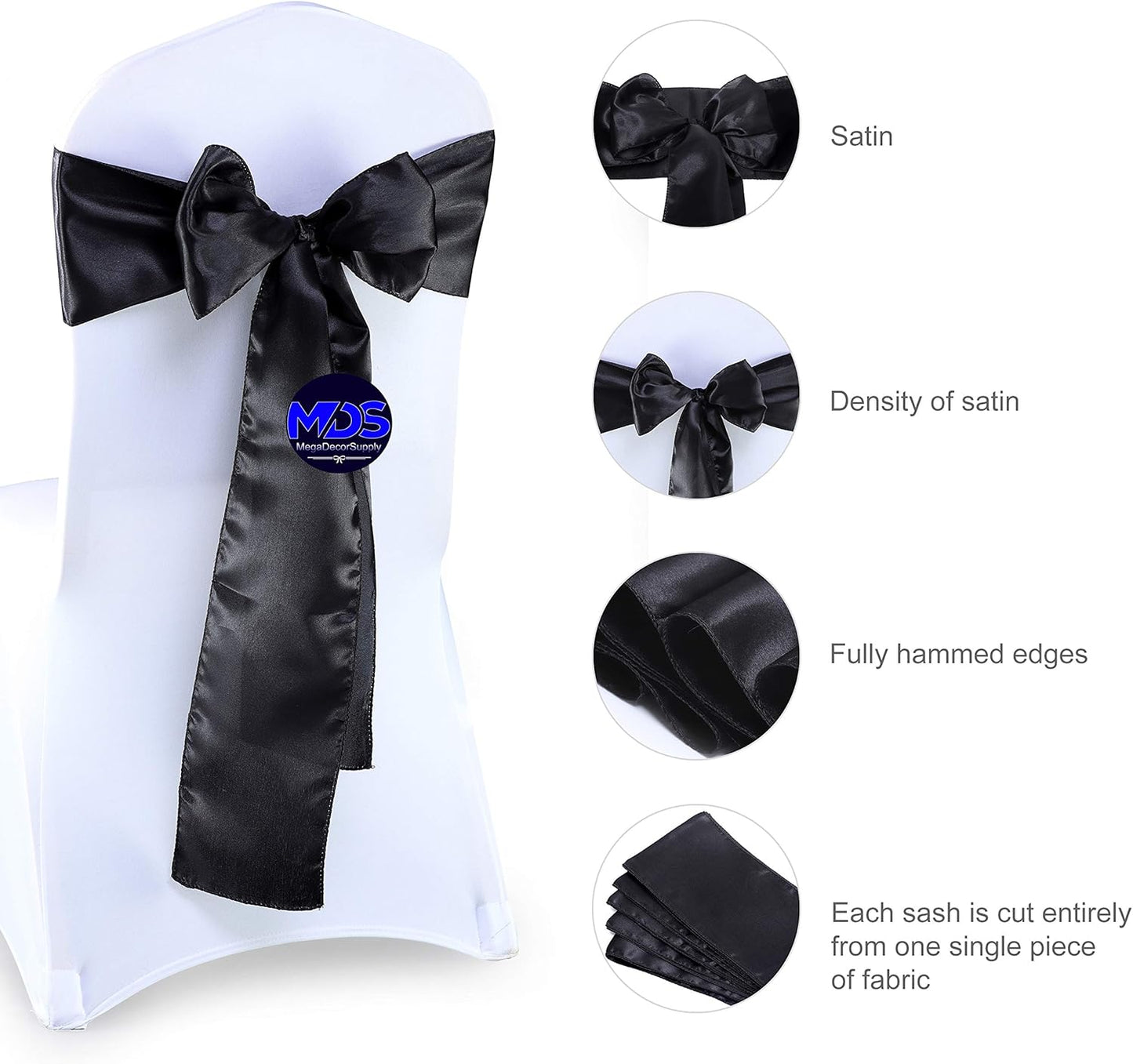MDS Pack of 75 PCS Satin Chair Sashes Charmeuse Sateen Dining Chair Bows Ribbon Ties Back Sash for Wedding Party Birthday Home Hotel Restaurant Banquet Decoration (7 x 108 Inch, Black)