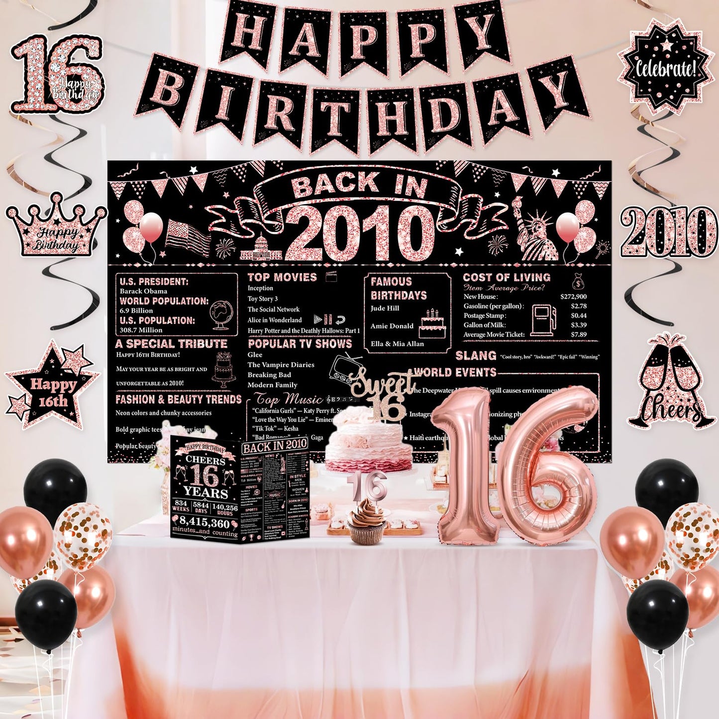 Sweet 16 Party Decorations for Girls, Black Rose Gold 16th Birthday Decorations Set with Back in
