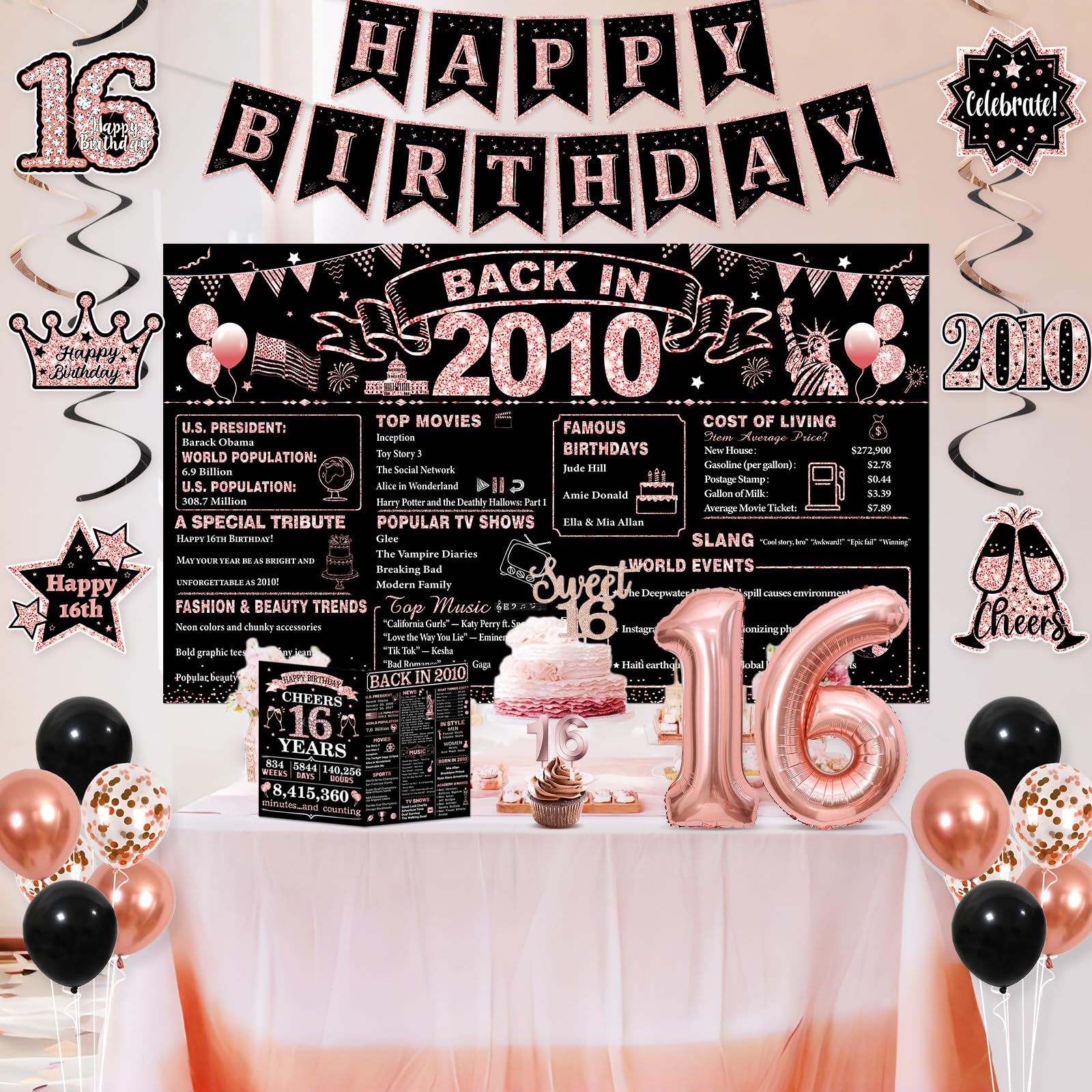 Sweet 16 Party Decorations for Girls, Black Rose Gold 16th Birthday Decorations Set with Back in