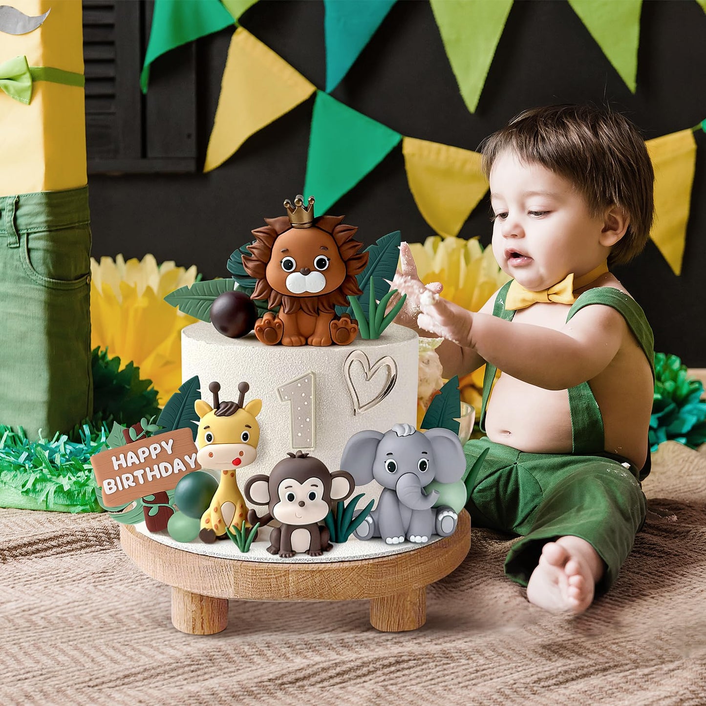 19pcs Safari Animal Cake Topper - Jungle Wild Cake Toppers with Leaves Balls Cake Decorations for