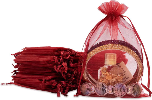 TheDisplayGuys 48-Pack 4x6 Maroon Sheer Organza Gift Bags with Drawstring, Goodie Bags for Jewelry, Candy, Treat, Wedding Favors Small Mesh