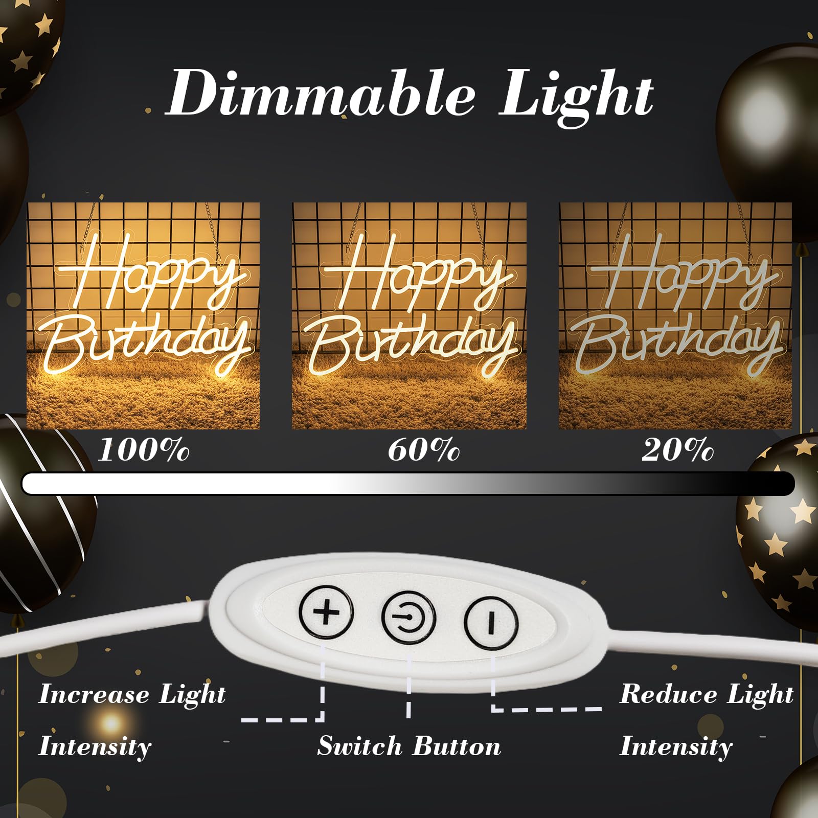 Happy Birthday Neon Sign for Backdrop, LED Happy Birthday Light Up Sign, USB Powered Dimmable Neon