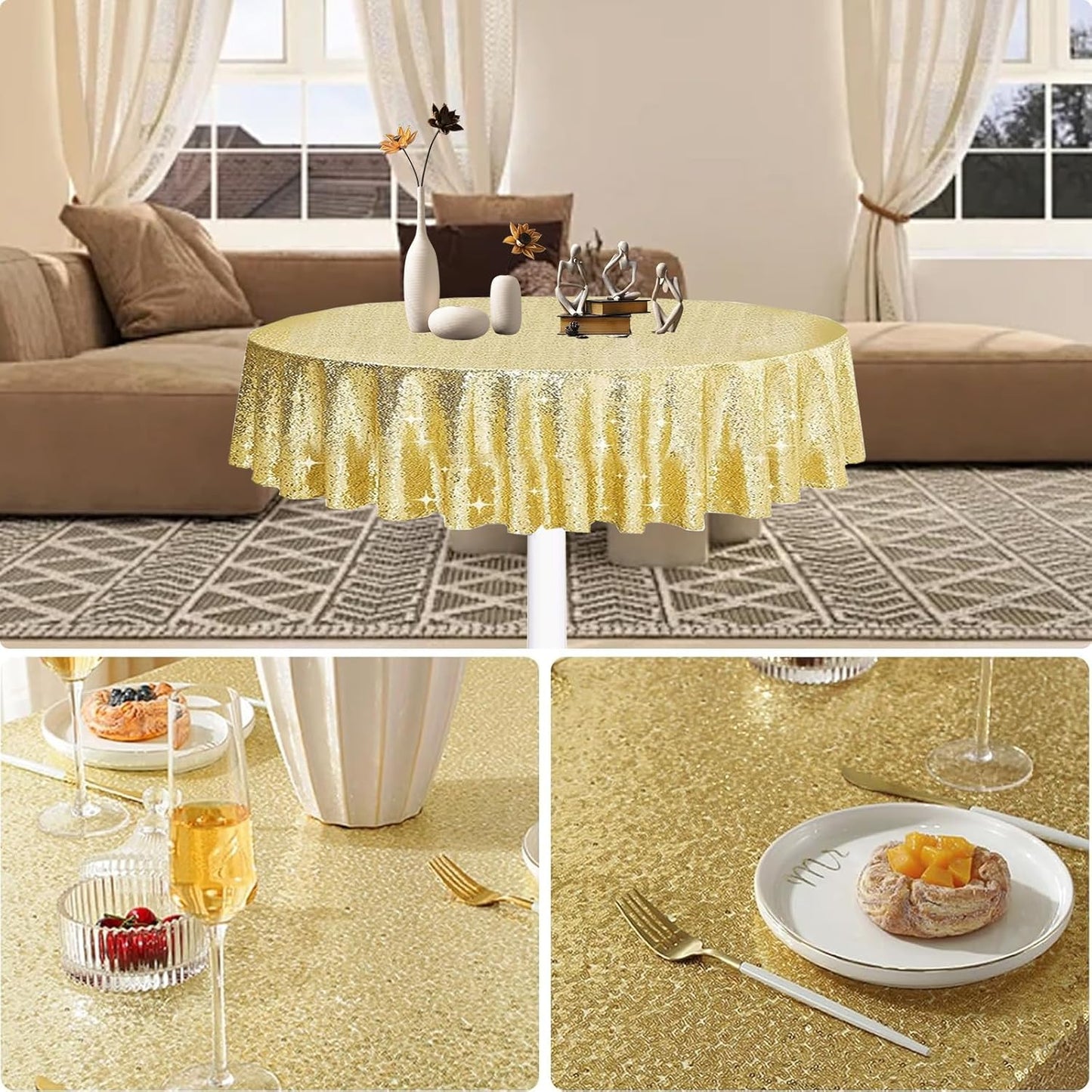 6 Pcs Gold Sequin Tablecloth 50 Inch Gold Round Tablecloth Overlay Round Table Cloth Golden Glitter Sequin Table Covers for Wedding Birthday Parties Holiday Banquet