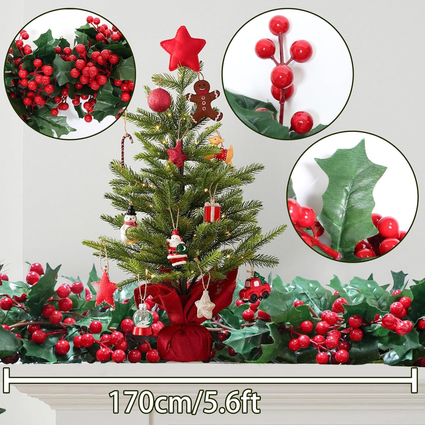 Uguisu 5.6ft Red Artificial Christmas Garland,Eucalyptus Green Garland with Berry Flower Clusters,Artificial Vines for Backdrops, Fireplaces,Dining Tables,Christmas Parties,Indoor and Outdoor Decor.