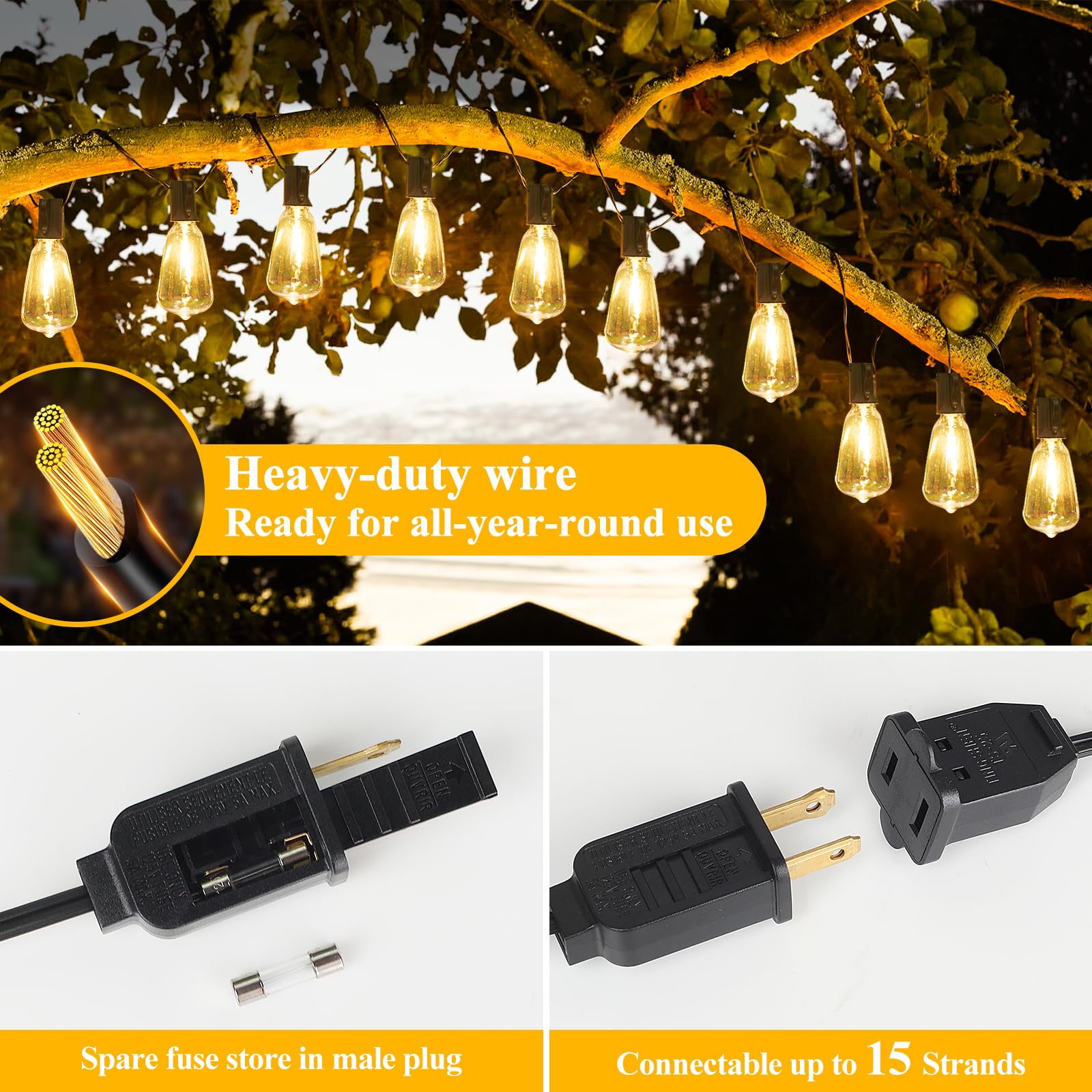 Brightever LED Outdoor String Lights 100FT Patio Lights with 52 Shatterproof ST38 Vintage Edison