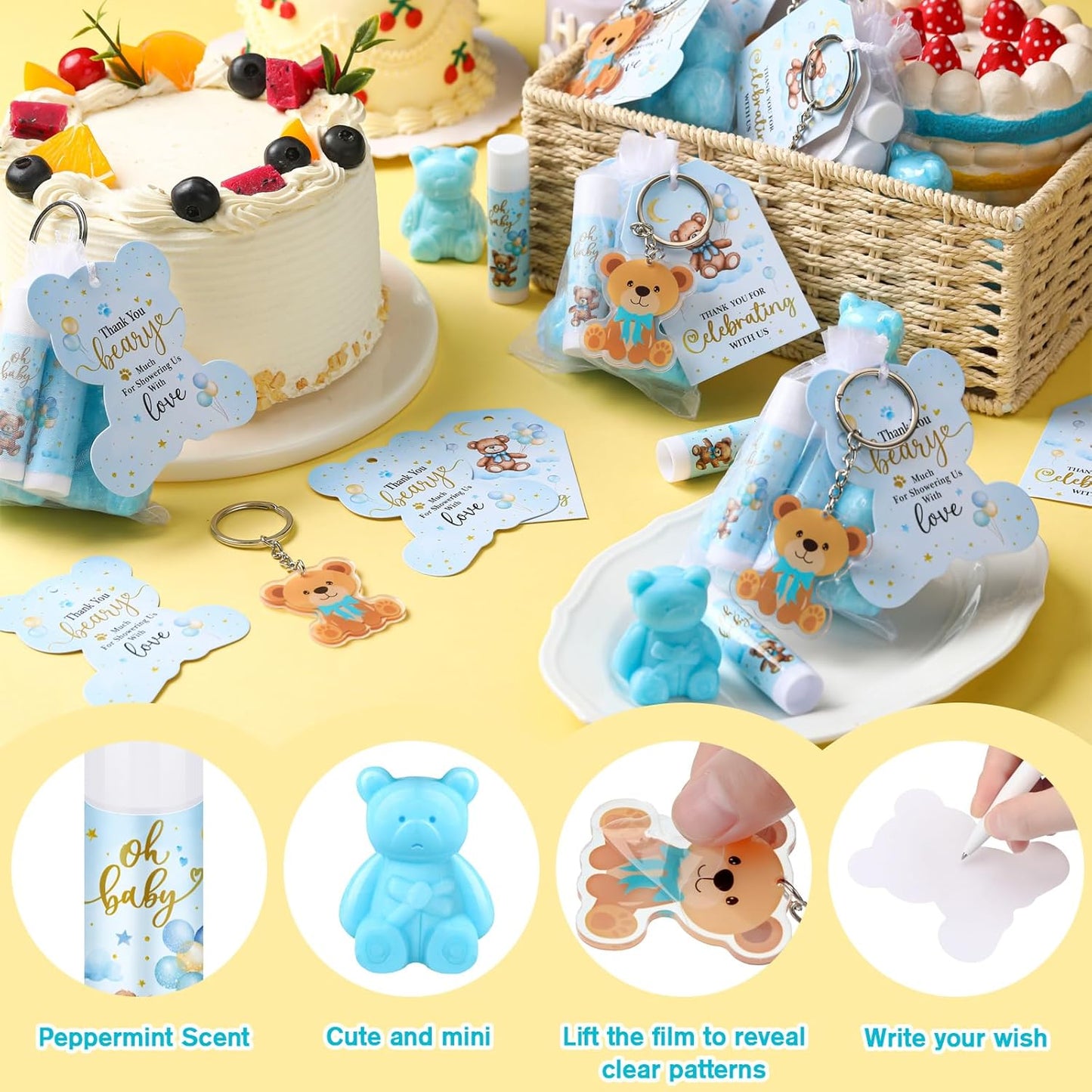 288 Baby Shower Favors Baby Shower Gifts Bulk Lip Balms Soaps Keychains Organza Bags Guest Appreciation Gift with Thank You Tags and Cards for Boys Girls Guest Gift(Blue,Bear)