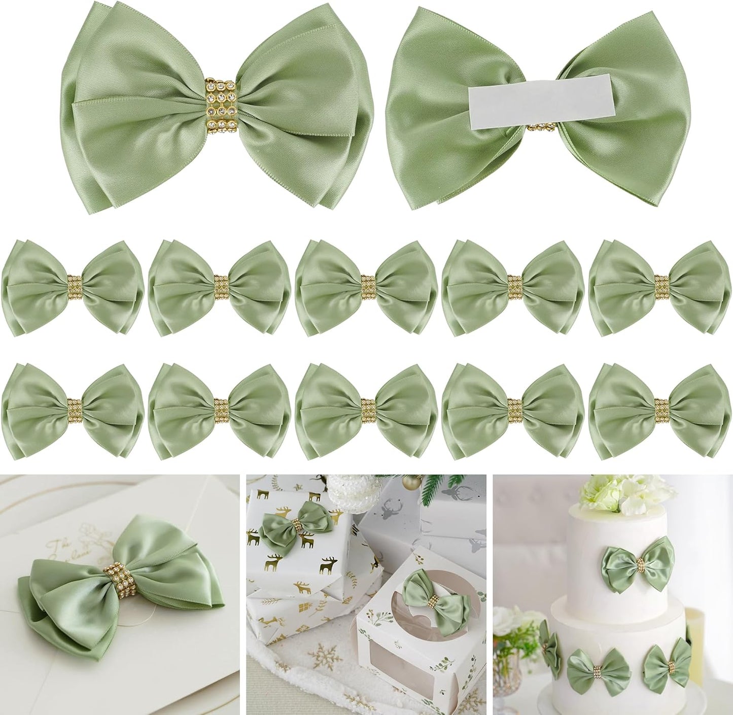 Sage Green Bows 4'' Premade Satin Ribbon Bow, Gift Bows with Rhinestone, Wrapping Bows for Presents, Greeting Cards, Treat Bags, Wine Bottles, Valentines Bows for Gift Wrapping-12 Counts