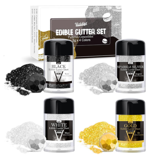 Edible Glitter - 4 Colors 5g / Bottles Luster Dust Edible Glimmer Powder for Sparkling Drinks, Foods, Wine, Cake, Beverage - Food Grade Shimmer Dust Powder for Cocktails, Baking, Halloween Decoration