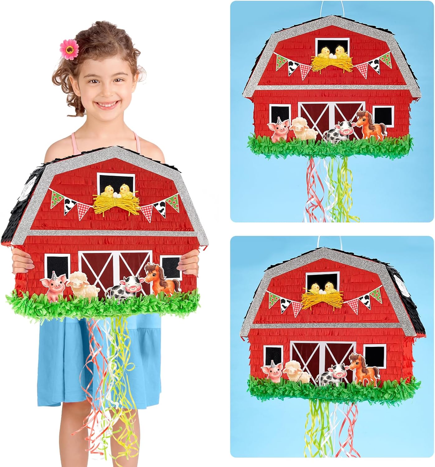 WERNNSAI Red Farm Animal Piñata - Farm Baby Shower Decorations Animal Pinata Party Game for Kids Birthday Celebrations Milk Farm Party Favor Supply with Bat Blindfold