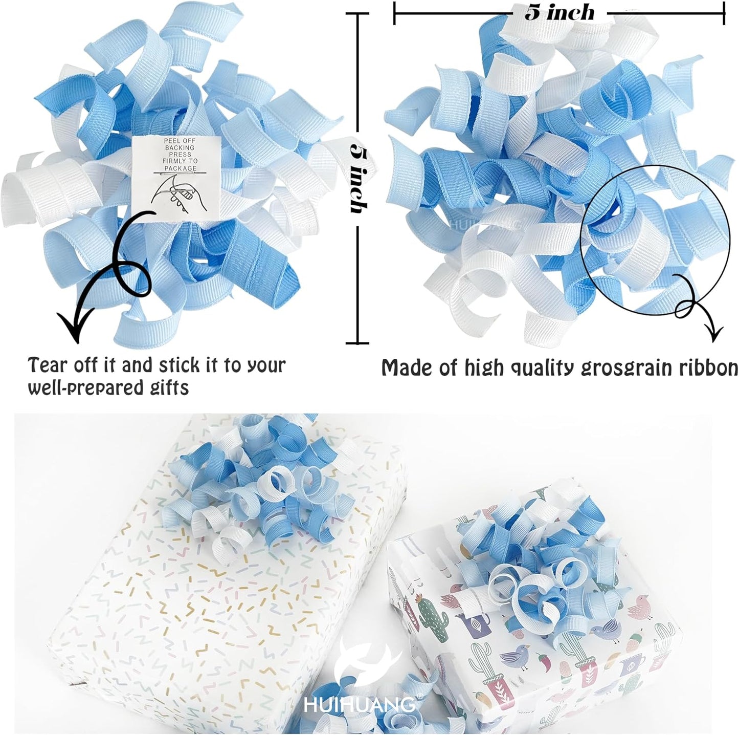 HUIHUANG Baby Boy Shower Gift Bows Blue and White Curly Ribbon Bows Self Adhesive Burst Gift Bow for Baby Birthday, Baby Shower Party Favors, Wine Bottle, Treat Bags, Gift Wrapping- 6 Counts