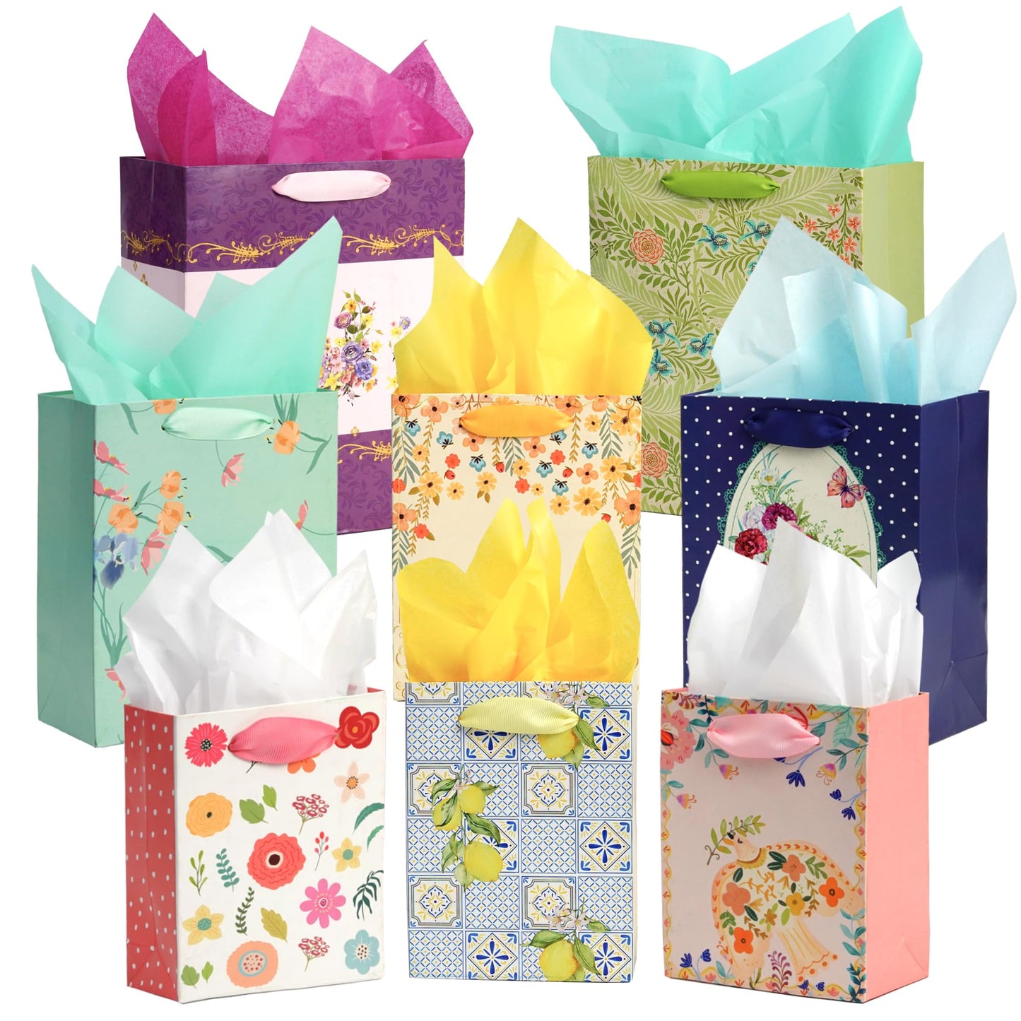 Nihuecne 8 Pack Floral Kraft Gift Bags Assorted Sizes with Tissue Paper