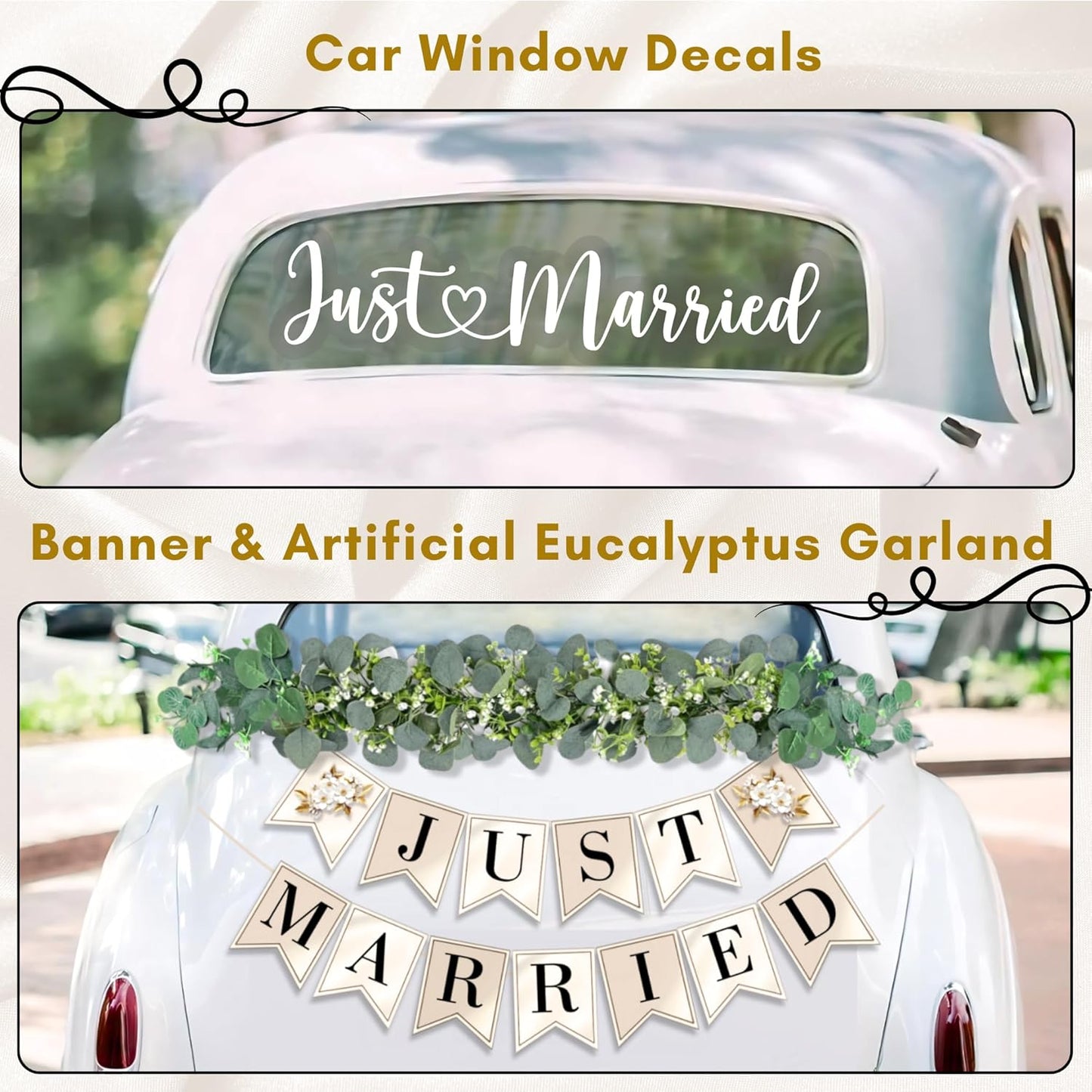 33 Pc Just Married Car Decorations – Wedding Reception & Ceremony Decor – Banners, Stickers & Balloons – Elegant Reusable Wedding Car Kit – Weather-Resistant & Easy to Apply – No Residue