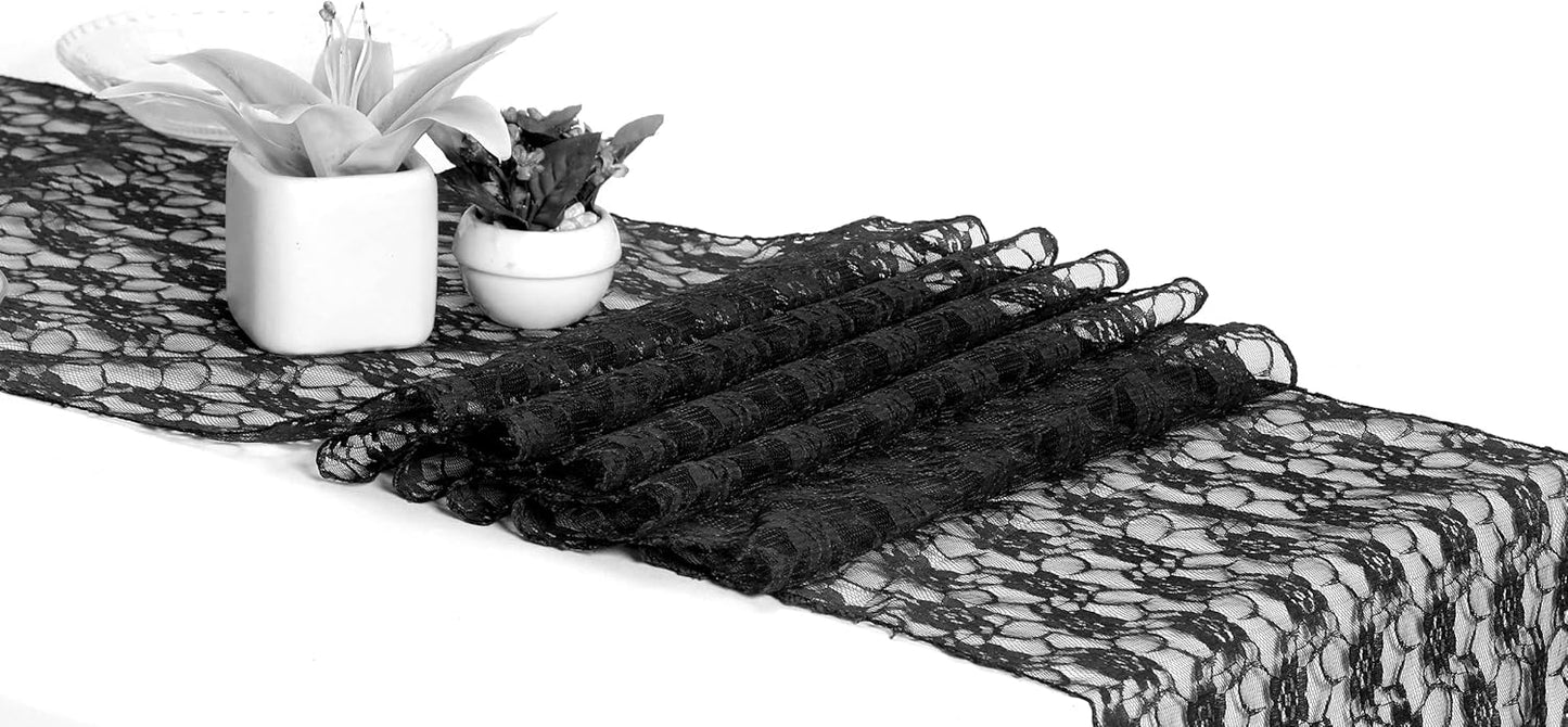 MDS Pack of 25 Wedding 12 x 108 inches Lace Table Runner for Wedding, Decorations for Birthday Parties, Banquets, Graduations, Engagements, and Runners fit Rectangle, Round Table- Black