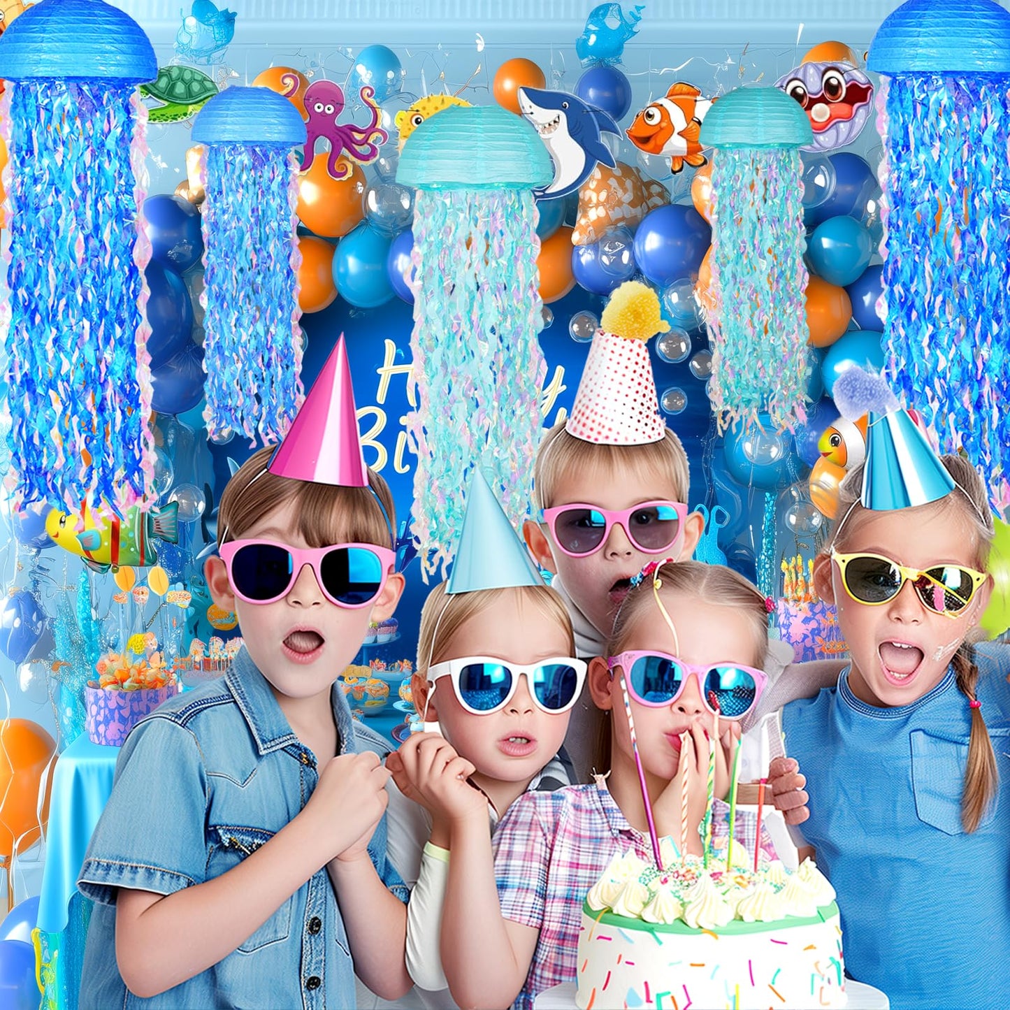 OBXT 10" Blue Hanging Jellyfish Paper Lanterns - Under the Sea Party & Mermaid Birthday