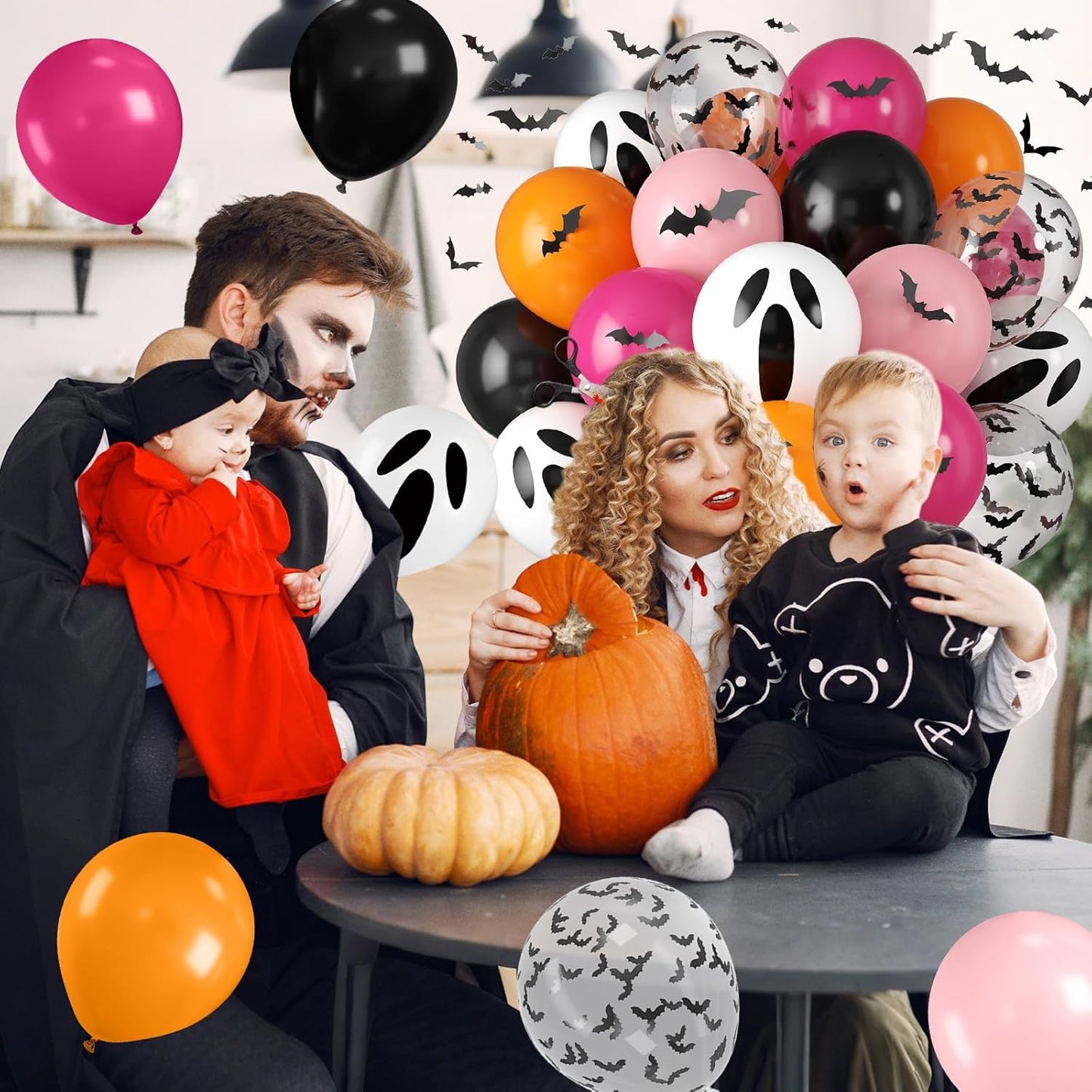 Orange Pink Halloween Balloons, 12 Inch Ghost Balloons, Black Orange and Hot Pink Latex Balloon with Bat Sticker, Bat Print Balloon for Kids Girls Birthday Ghost Theme Halloween Party Decorations