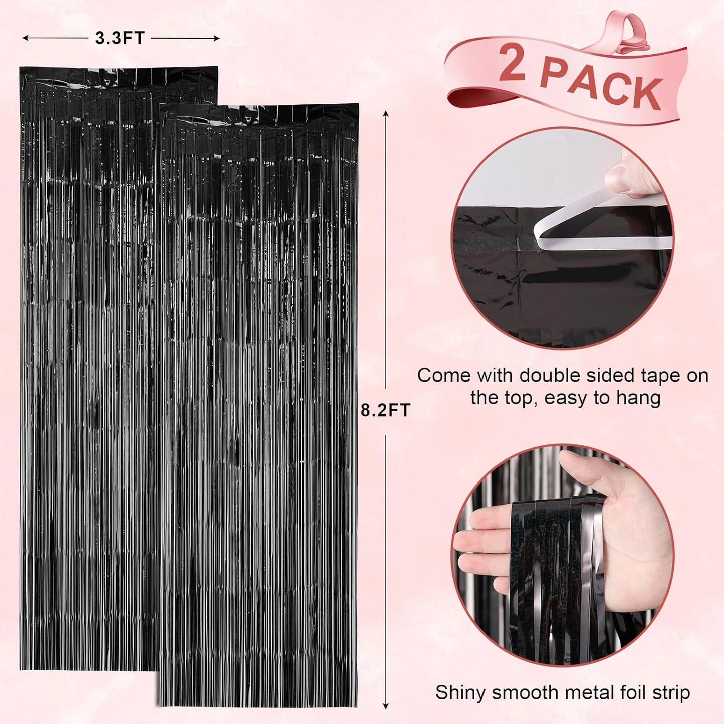 2 Pack Laser Black Foil Fringe Backdrop Curtains, Tinsel Streamers Birthday Party Decorations, Fringe Backdrop for Graduation, Baby Shower, Gender Reveal, Disco Party