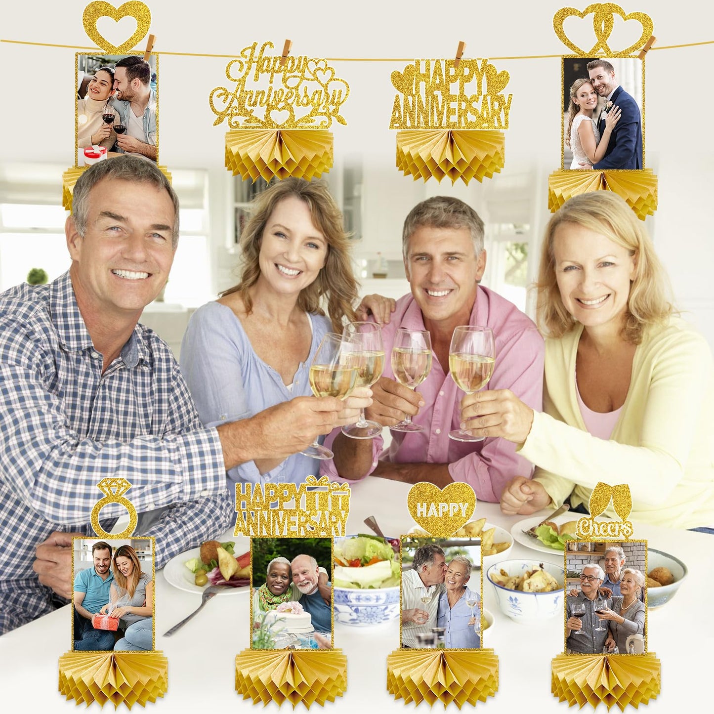 Eucutur Gold Happy Wedding Anniversary Decorations Photo Table Centerpiece