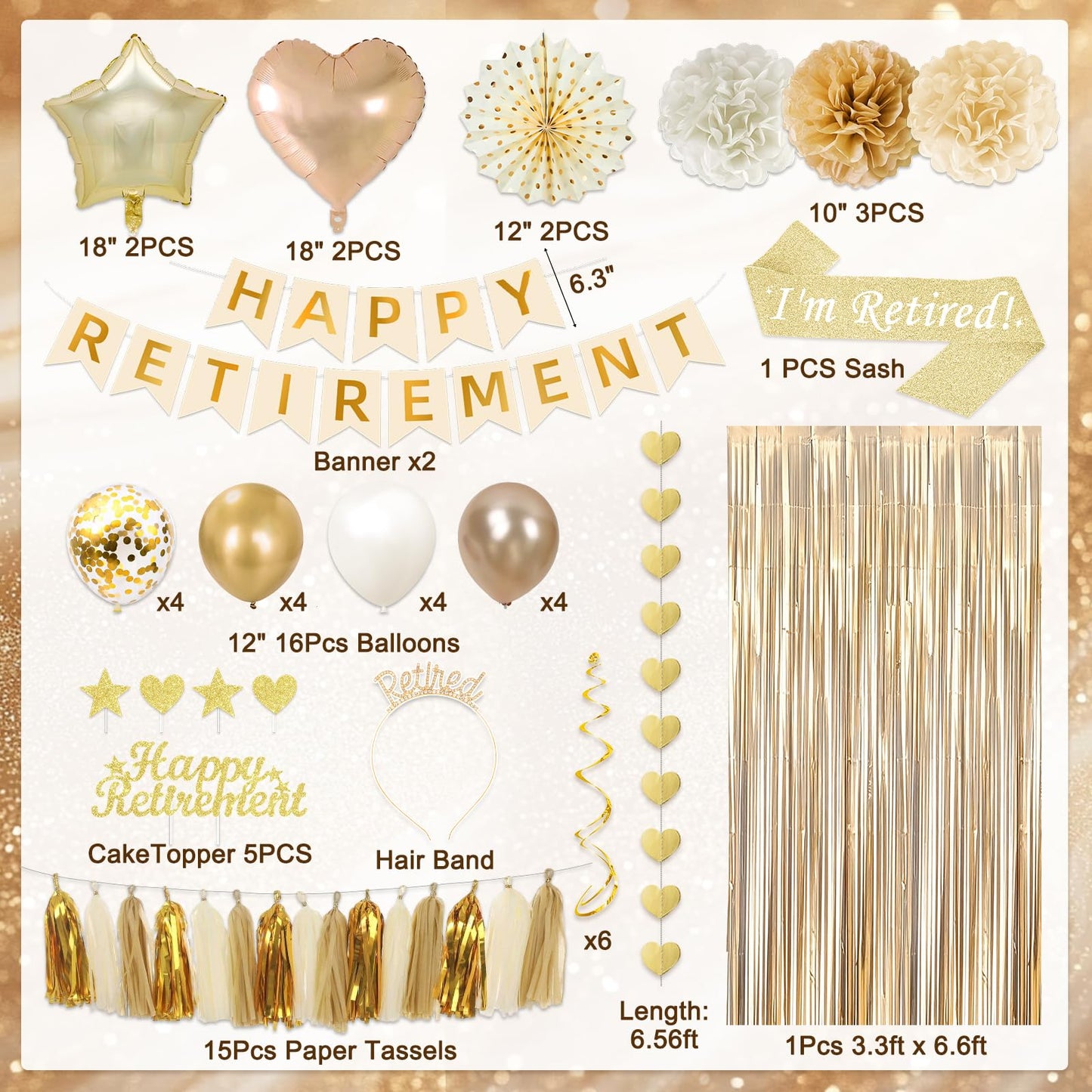 Retirement Party Decorations Supplies Set, Champagne Gold Retirement Decorations Happy Retirement