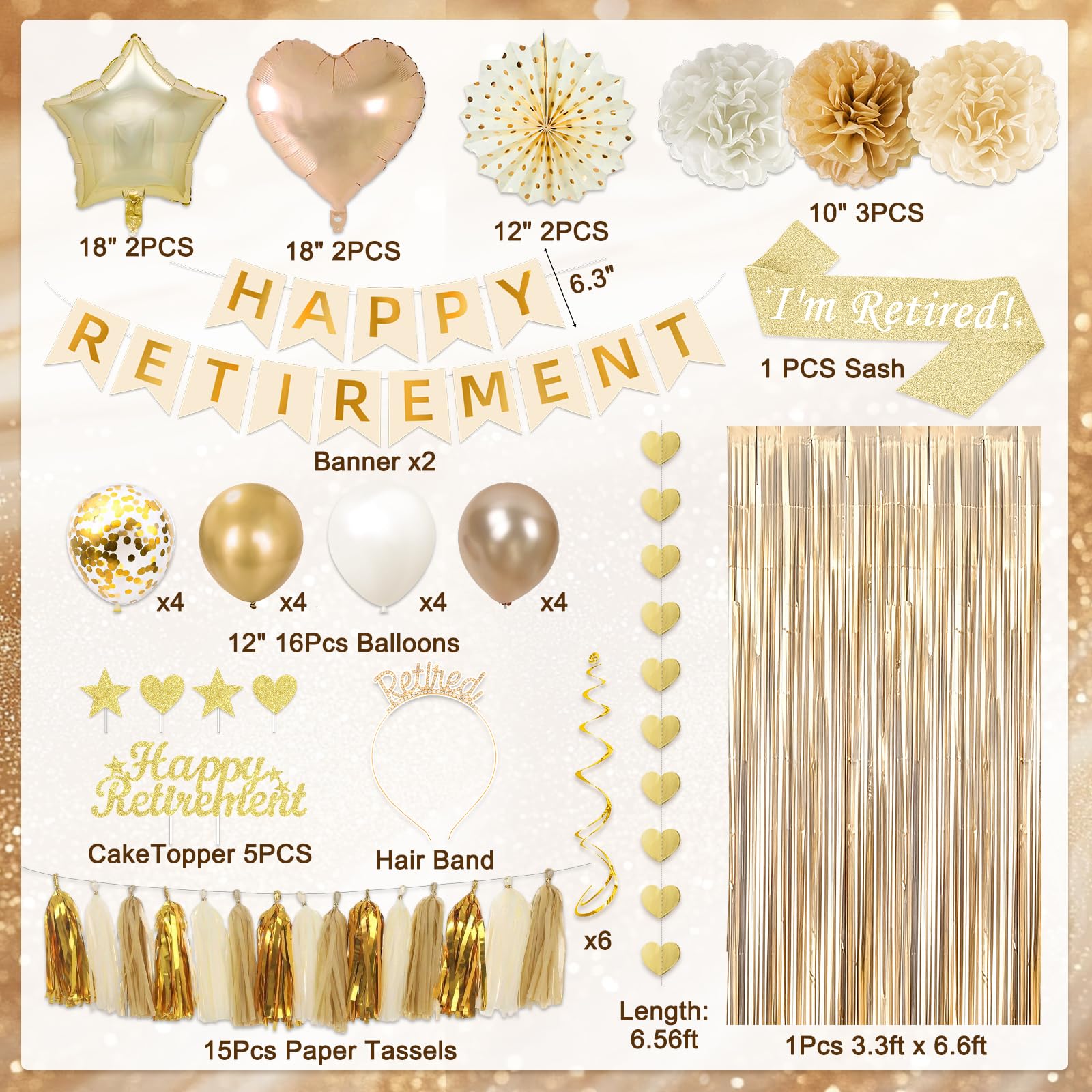 Retirement Party Decorations Supplies Set, Champagne Gold Retirement Decorations Happy Retirement