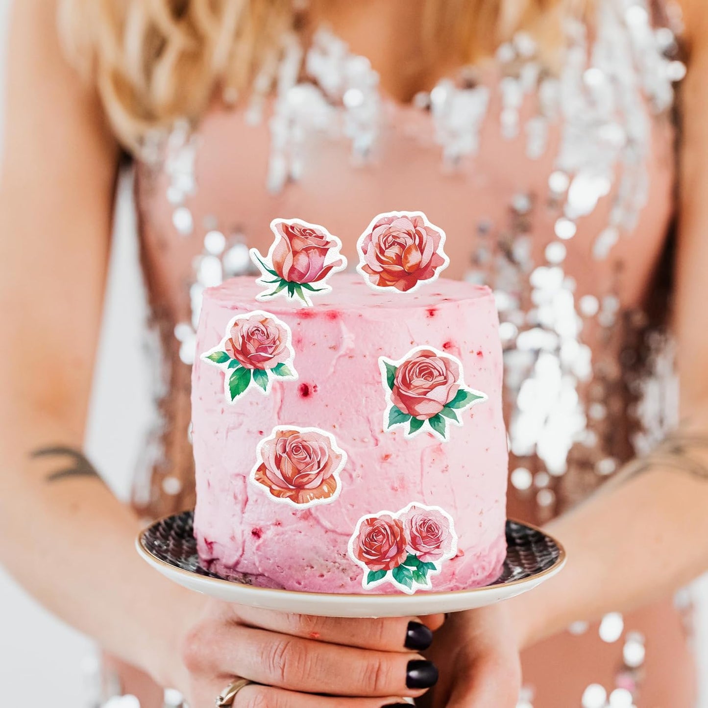 48PCS Edible Rose Flower Cupcake Toppers Wafer Paper Roses Decorations Flower Birthday Party Decorations Rose Cake Toppers for Wedding Engagement Birthday Party Cake Decor Supplies (Pink)