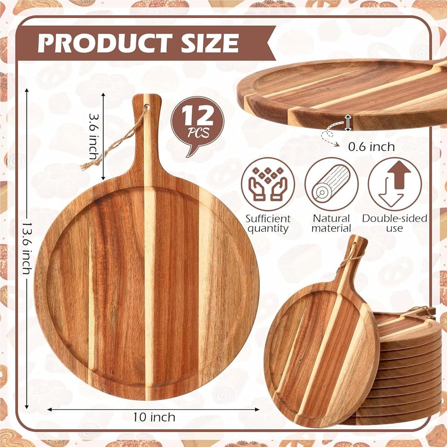Pizza Boards with Handle 14 inch,Pizza Cutting Board Set of 6,Acacia Wood Pizza Peel 14 inch,Pizza Serving Tray Wood,Wooden Pizza Paddle Round,Small Charcuterie Boards for Cheese,Bread & Meat