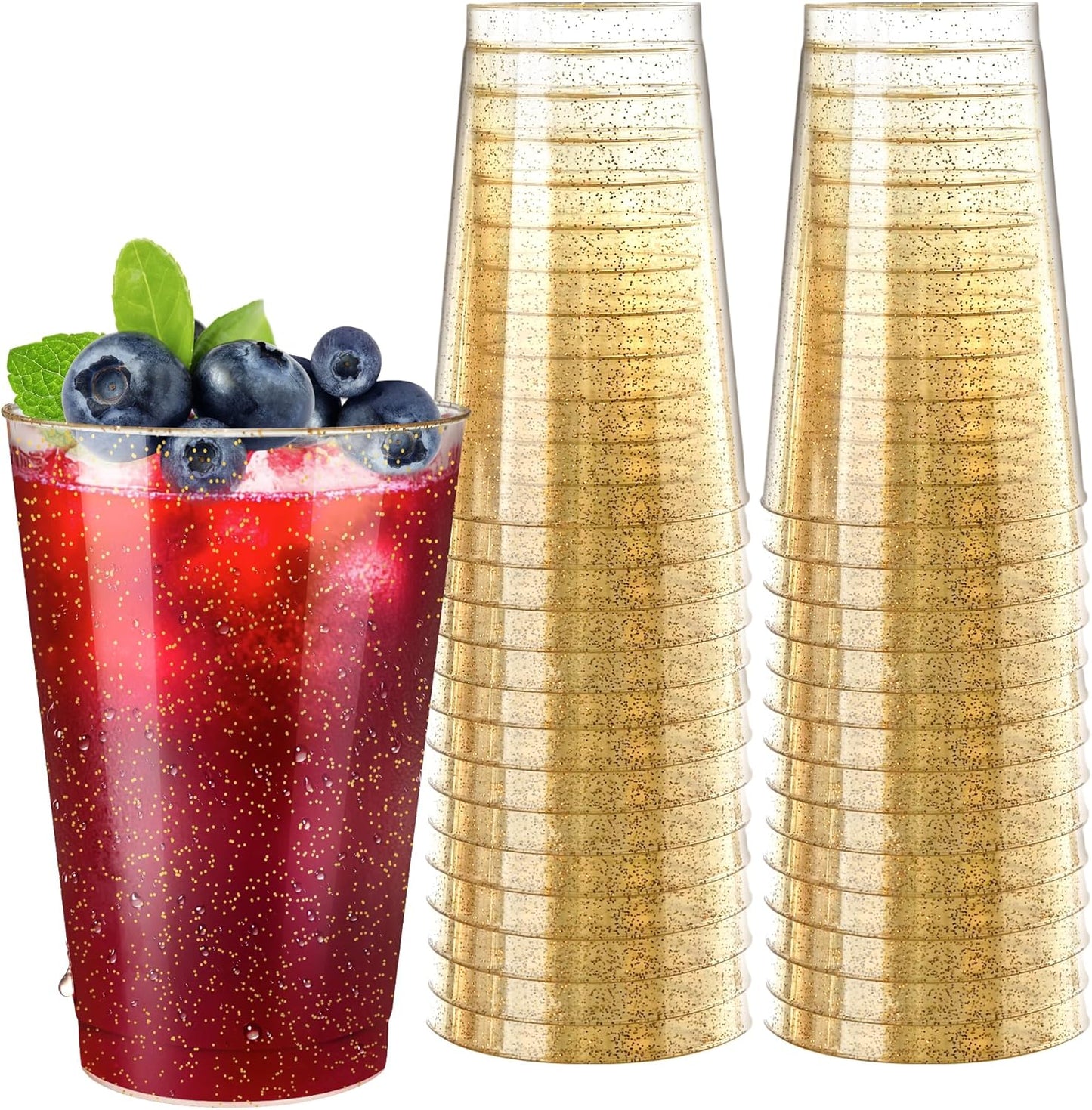 [100 Pack] 12oz Plastic Cups with Gold Glitter Sturdy & Food Safe Plastic Wine Glasses Disposable Cups Wedding Cups Party Cups Drinking Tumblers for Wine, Cocktails and Cold Beverages