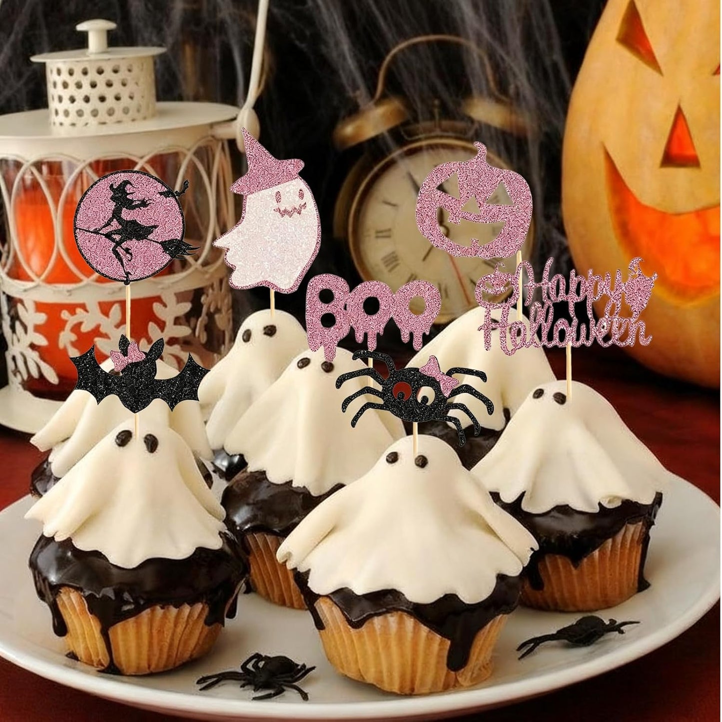 60Pcs Halloween Cupcake Toppers, Bat Pumpkin Ghost Cupcake Decorations for Halloween Party Supplies,Pink Multi Style1