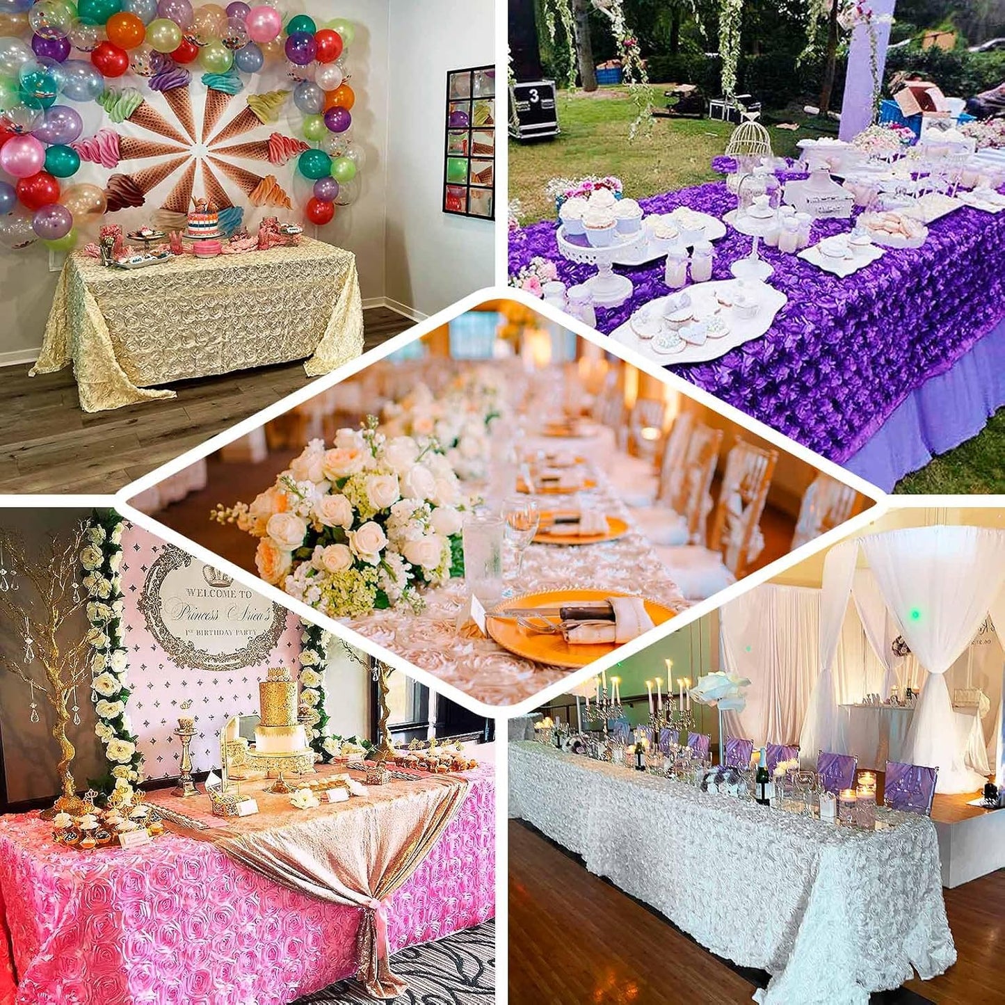 Efavormart 90"x132" Wholesale Rectangle Table Cover White Grandiose Rosette 3D Satin Tablecloth for Wedding Party Event Decoration