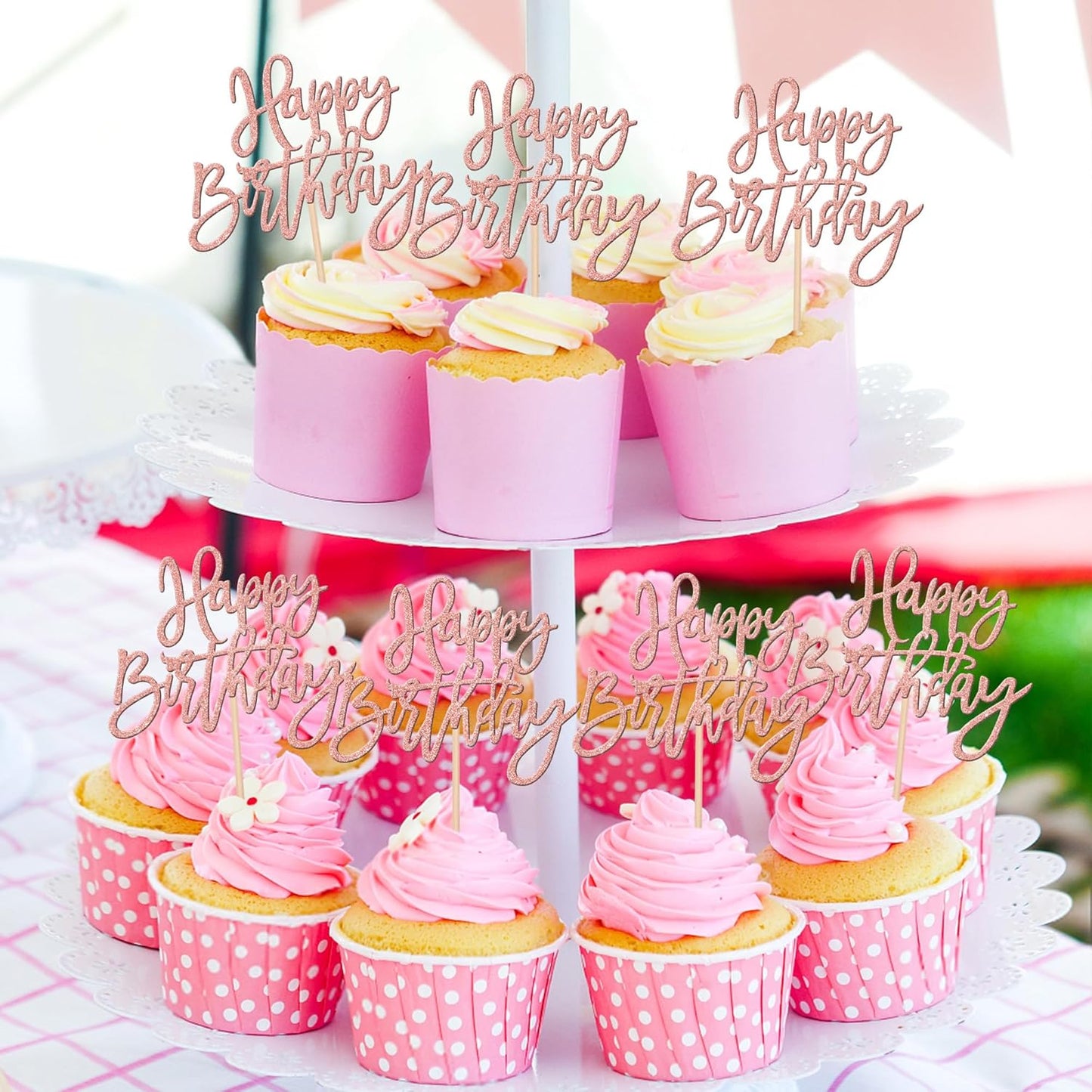 24 PCS Happy Birthday Cupcake Toppers Glitter Picks for Celebrating Anniversary Theme Party Cake Decorations Supplies Rose Gold