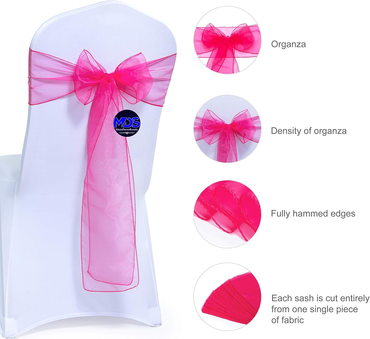 MDS Pack of 75 PCS Organza Chair Sashes Wider Dining Chair Bows Ribbon Tie Back for Wedding Party Birthday Bridal Shower Reception Event Banquet Home Chair Cover Decoration - Magenta