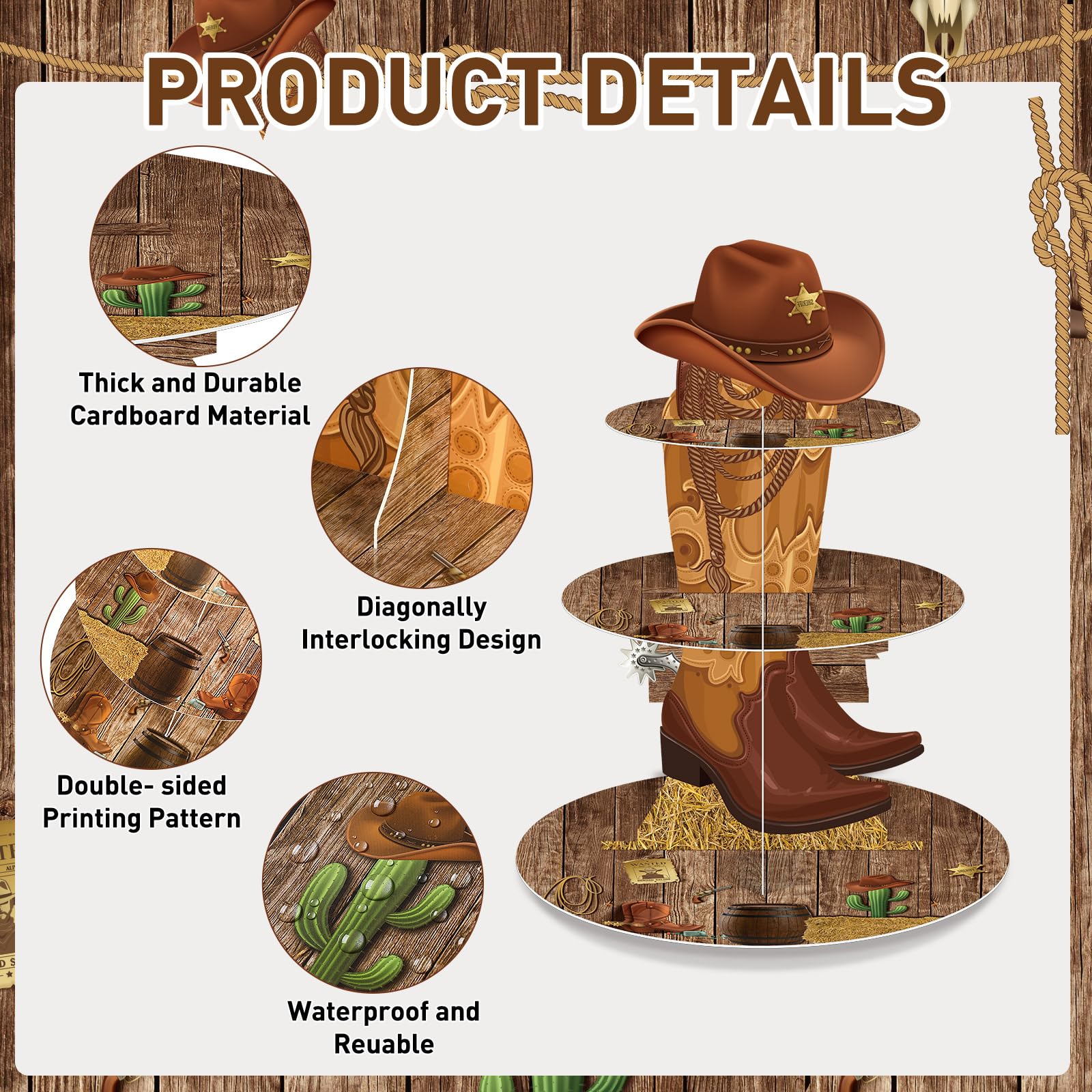 Zopeal 3 Tier Western Cupcake Stand Holder for Cowboy Party Decoration,None