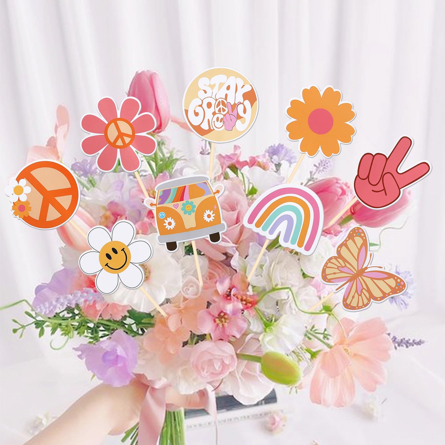 18 PCS Hippie Party Centerpiece Sticks Dasiy 60s Retro Boho Peace Sign Hand Butterfly Two Groovy