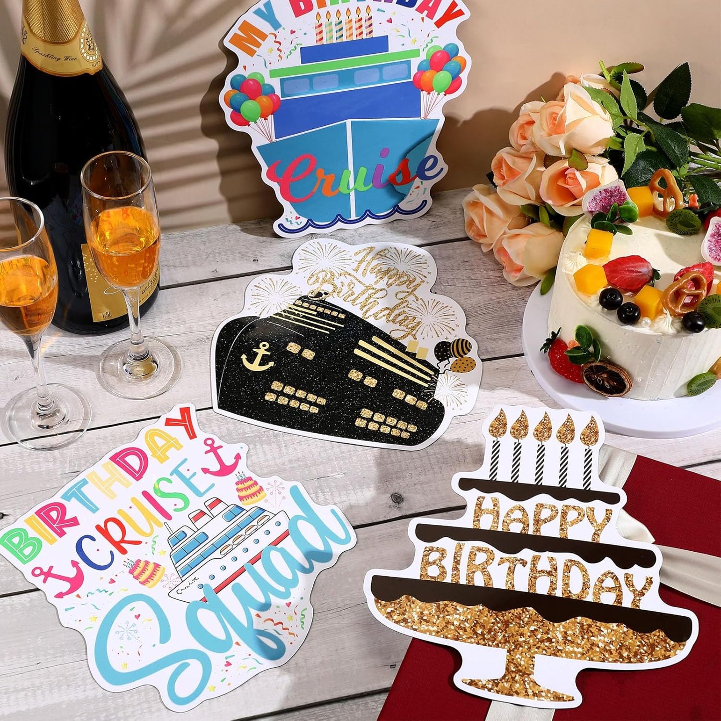 Hoteam 4 Pcs Birthday Cruise Door Decorations Magnetic Large Happy Birthday Cruise Ship Door Magnets Funny Waterproof Balloon Cake Nautical Magnets for Carnival Cabin Stateroom Fridge Car