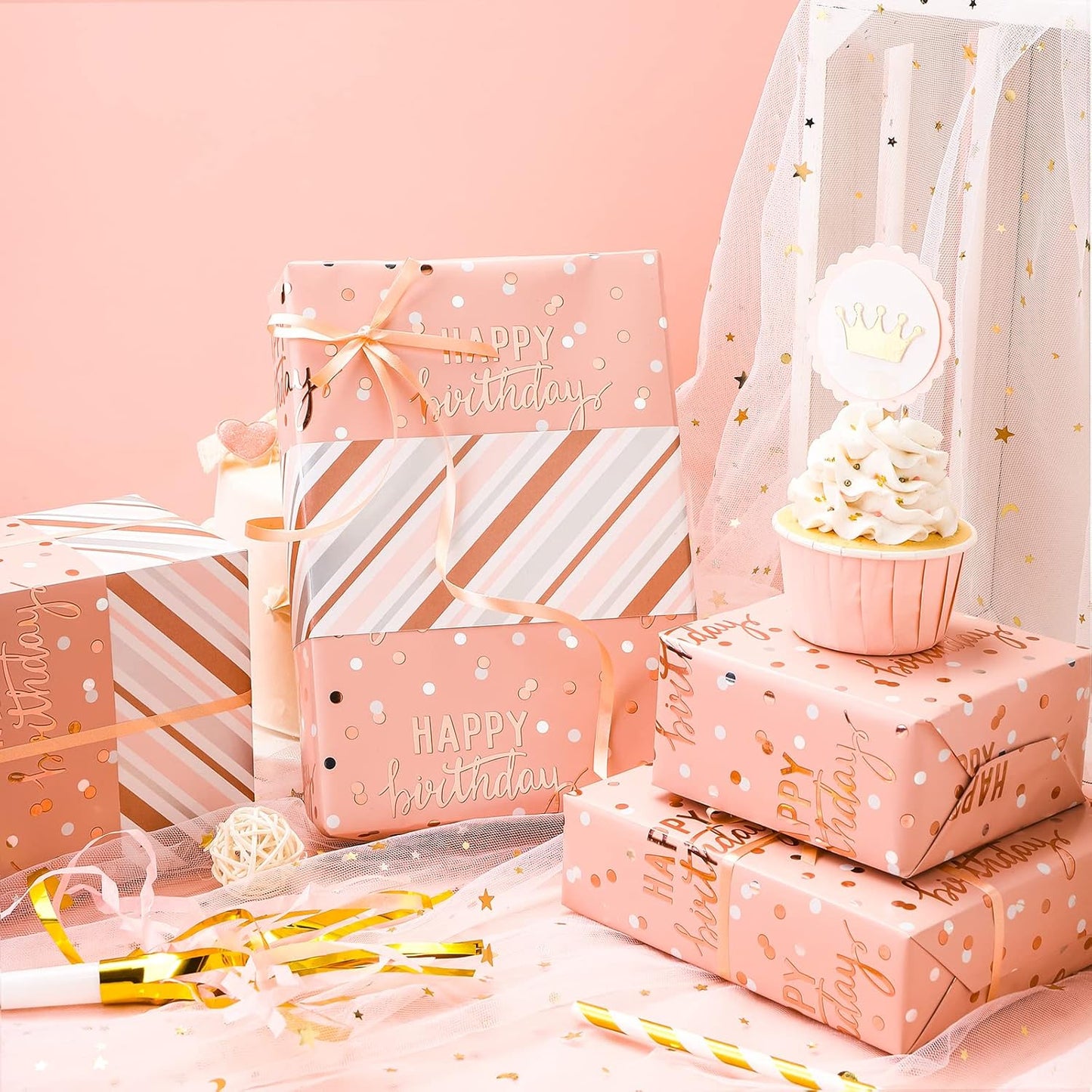 LeZakaa Reversible Pink Birthday Wrapping Paper Roll for Girls Women, Happy Birthday Lettering & Stripe Pattern with Metallic Foil in Pink, Large Roll, 30 inches x 32.8 Feet (92.9 sq.ft.)