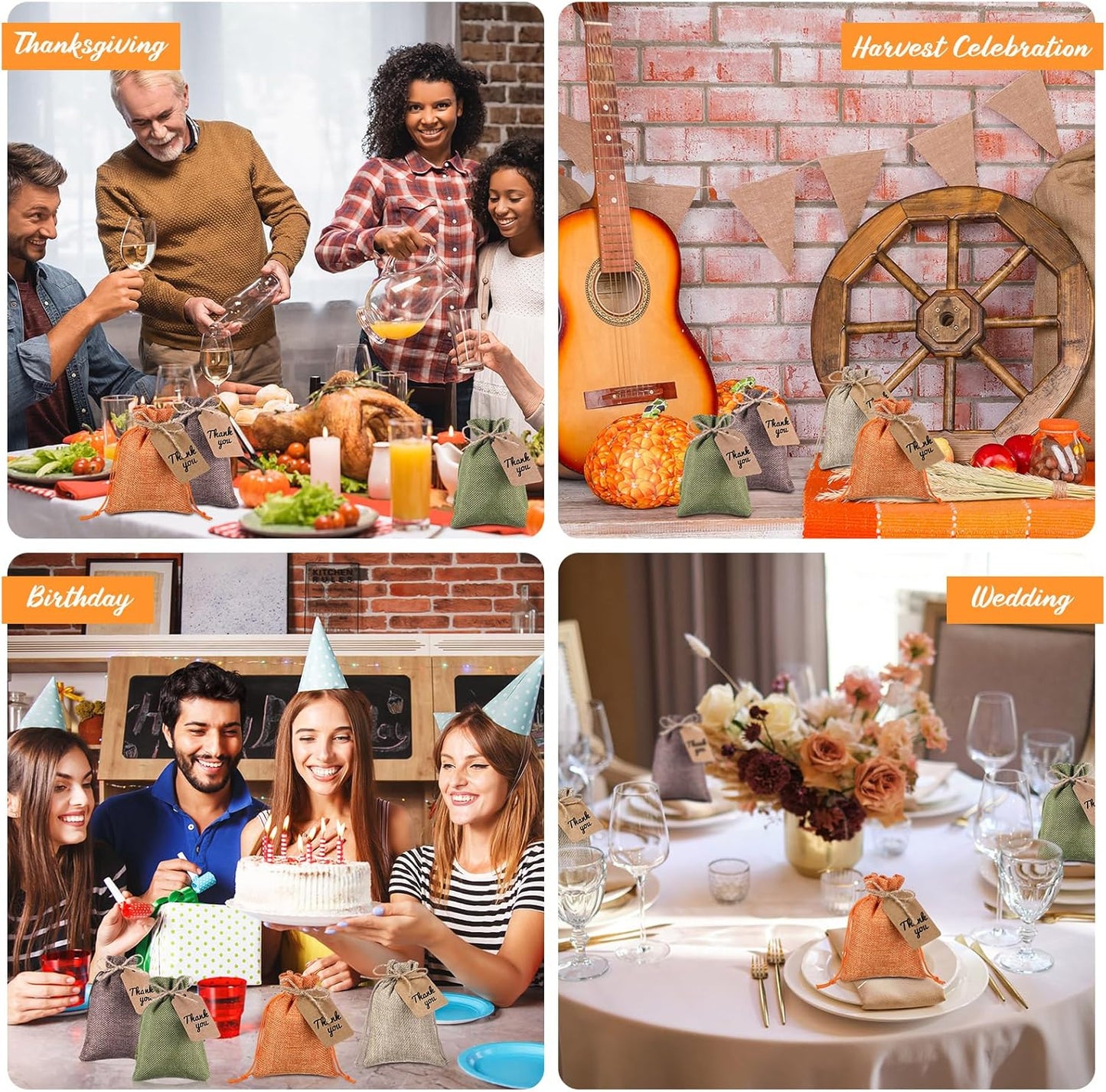 Woanger 100 Pcs Burlap Gift Bags with 100 Pcs Kraft Paper Gift Tags Drawstring Favor Bulk Burlap Sack Bags for DIY Wedding Party Craft(4 x 6 Inch,Natural Color, Dark Brown, Military Green, Orange)