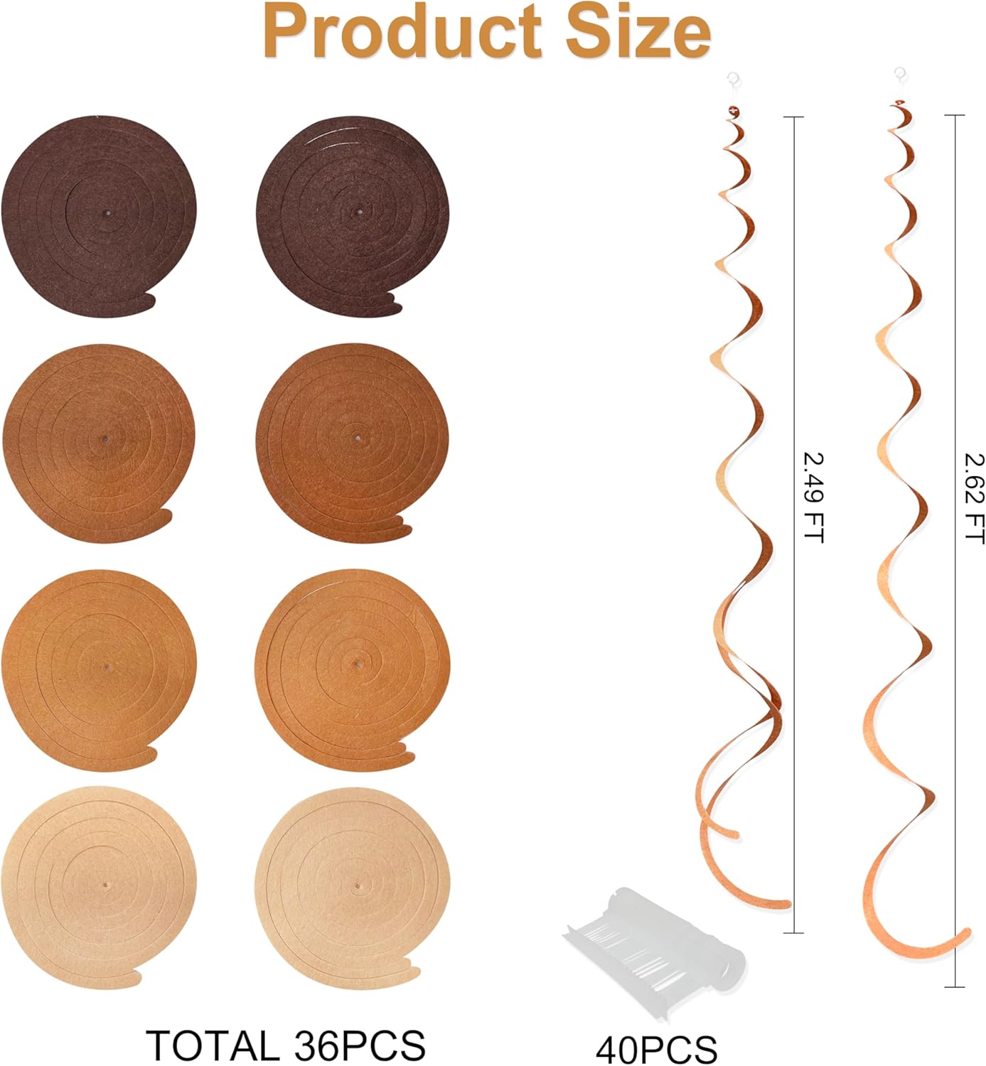 36 Pcs Brown Hanging Swirl Decorations Ombre Cream Tan Brown Felt Swirl Streamer Spiral Ceiling Garland for Boho Neutral Safari Woodland Rustic Cowboy Western Teddy Bear Birthday Baby Shower Wedding