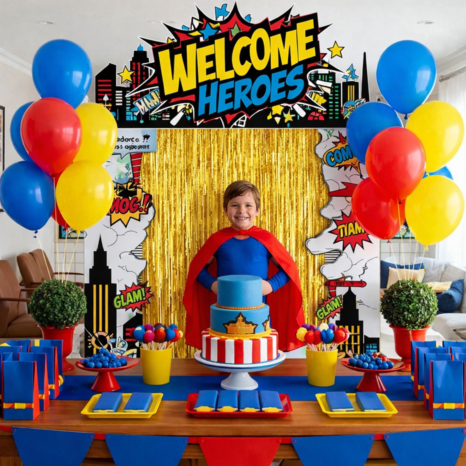 VitalCozy 7 Pcs Hero Party Backdrop Banner Gold Fringe Curtain Decor