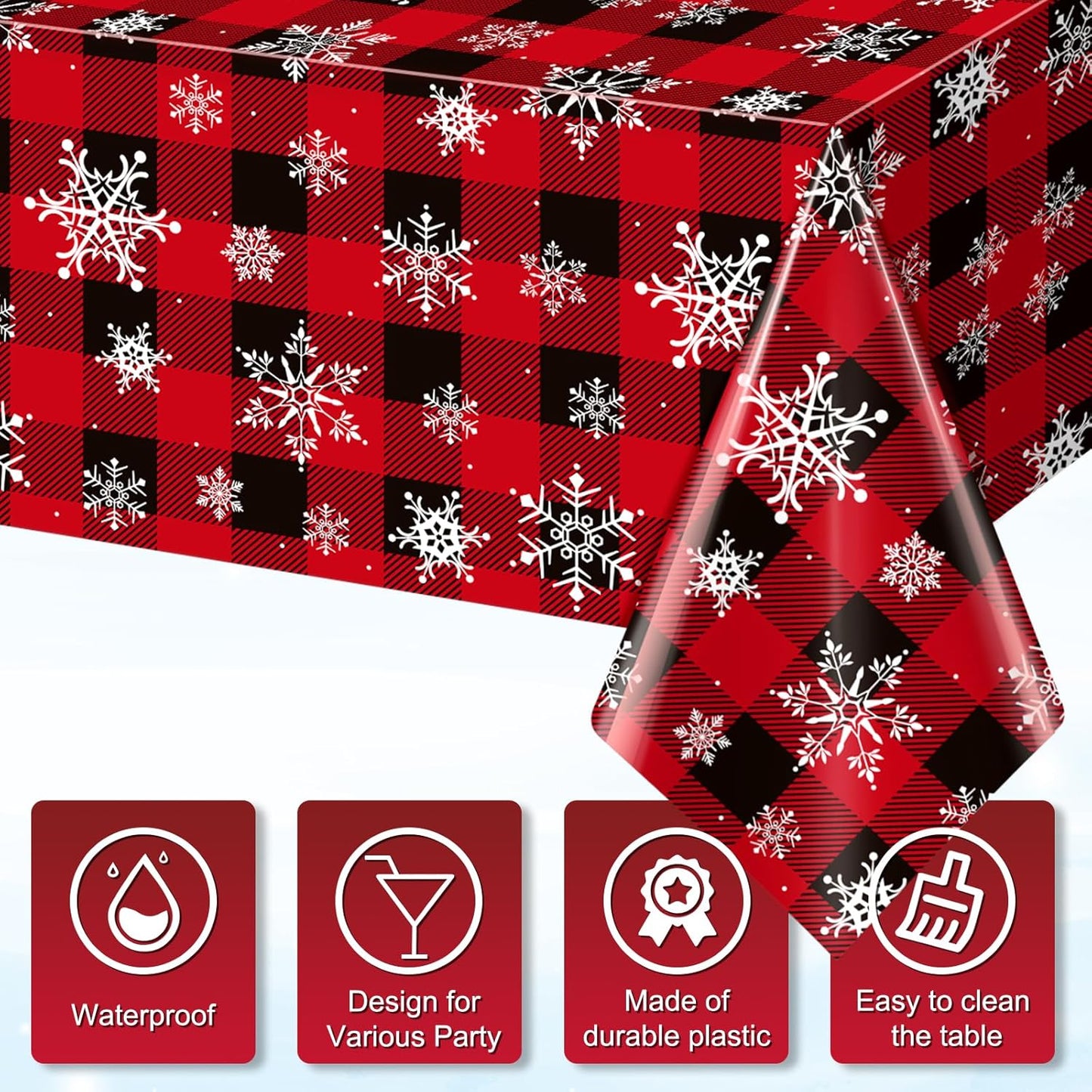 8 Pieces Red and Black Buffalo Plaid Merry Christmas Party Tablecloth Decorations,Plastic White Snowflake Buffalo Plaid Sign Table Cover for Winter Christmas Holiday Party Supplies,54x108 inch