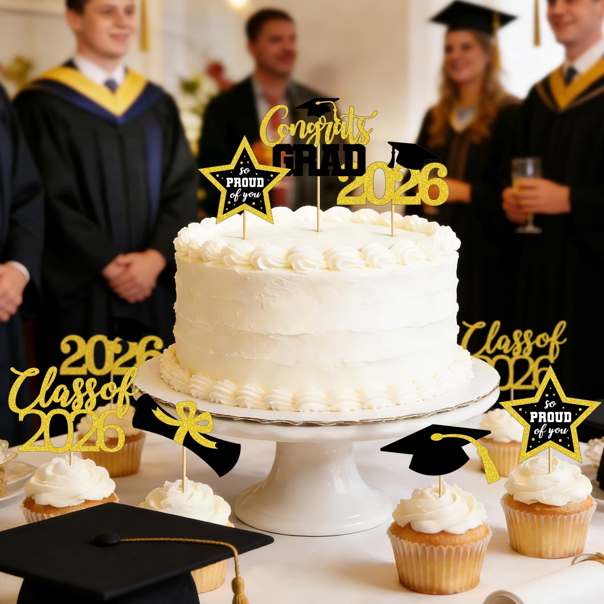 48 PCS Graduation Cupcake Toppers, 6 Styles Congrats Grad Cake Topper, Black and Gold Graduation